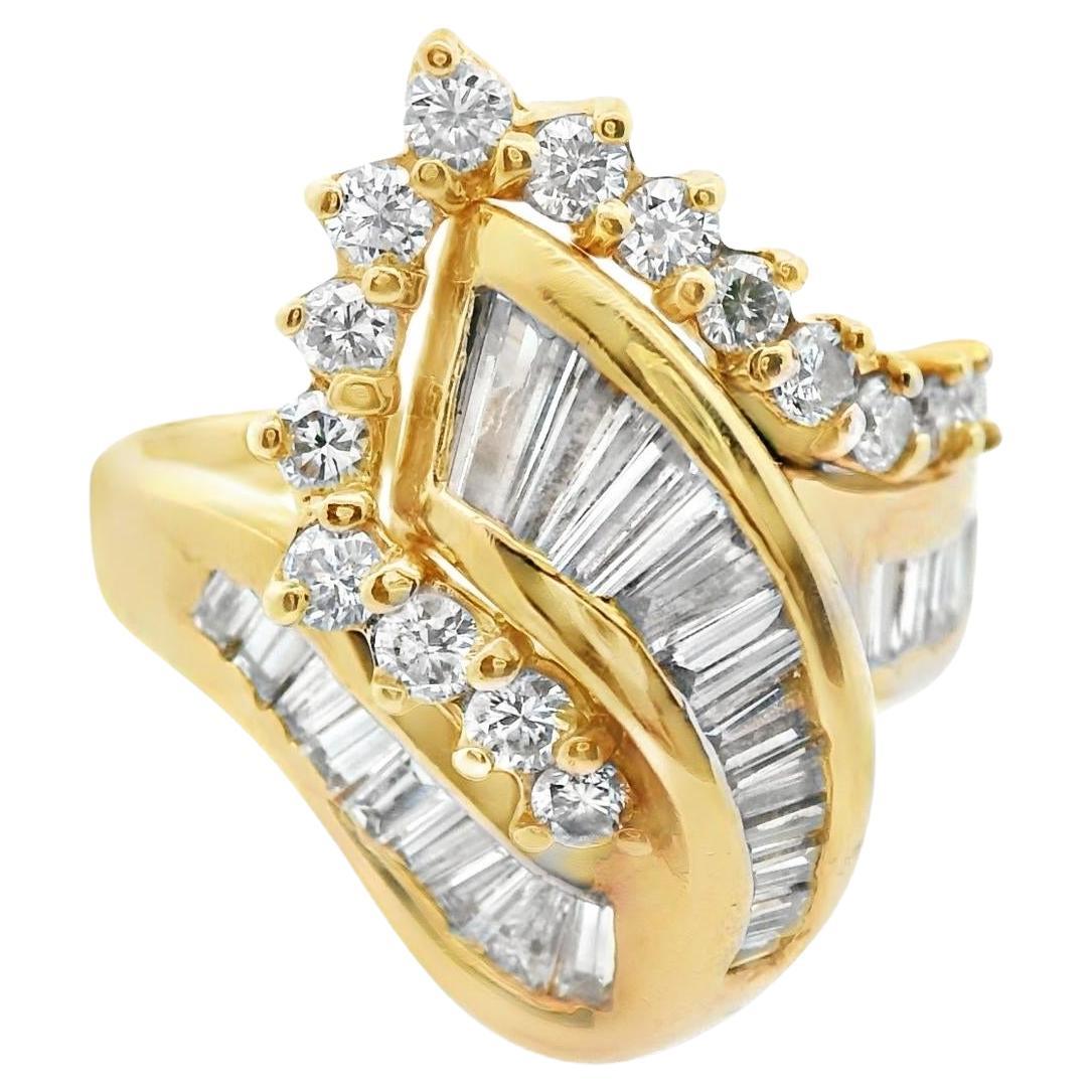 14k Yellow Gold Baguette and Round Diamond Cluster Ring