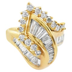 14k Yellow Gold Baguette and Round Diamond Cluster Ring