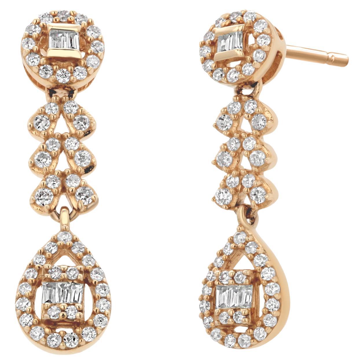 14K Yellow Gold Baguette and Round Diamond Dangle Delicate In Size Earrings en venta