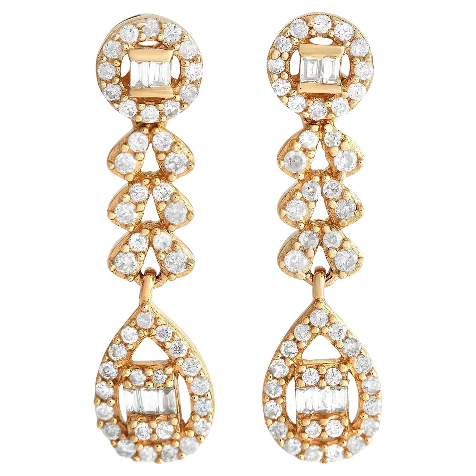 14K Yellow Gold Baguette and Round Diamond Dangle Delicate In Size Earrings