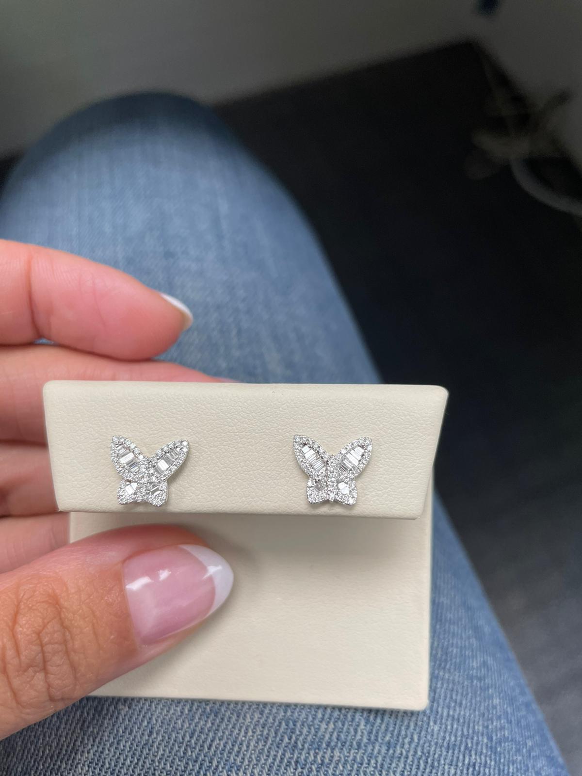 Contemporary 14K Yellow Gold Baguette Diamond Butterfly Stud Earrings For Sale