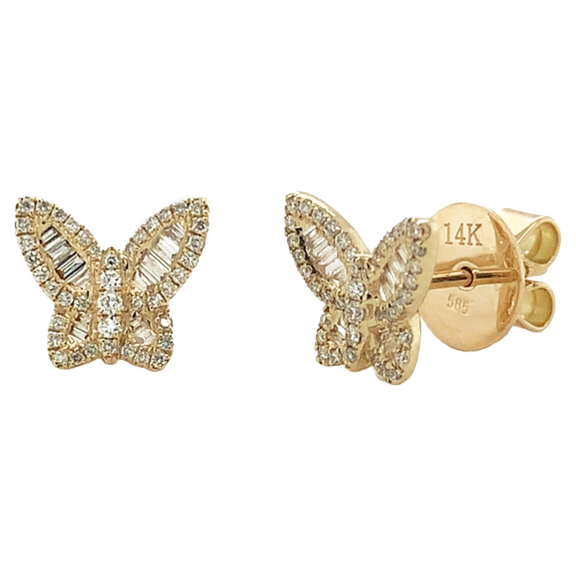 Clous d'oreilles papillon en or jaune 14 carats avec diamants baguettes