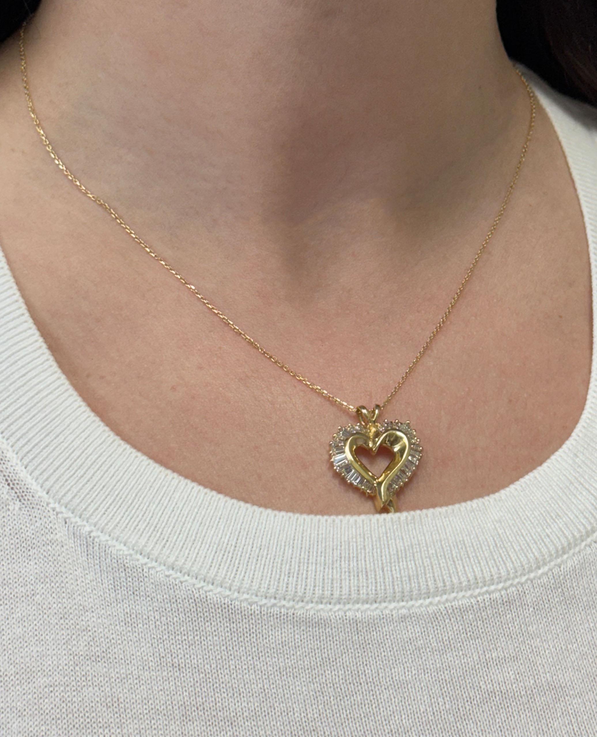 Baguette Cut 14K Yellow Gold Baguette Diamond Heart Pendant Necklace For Sale