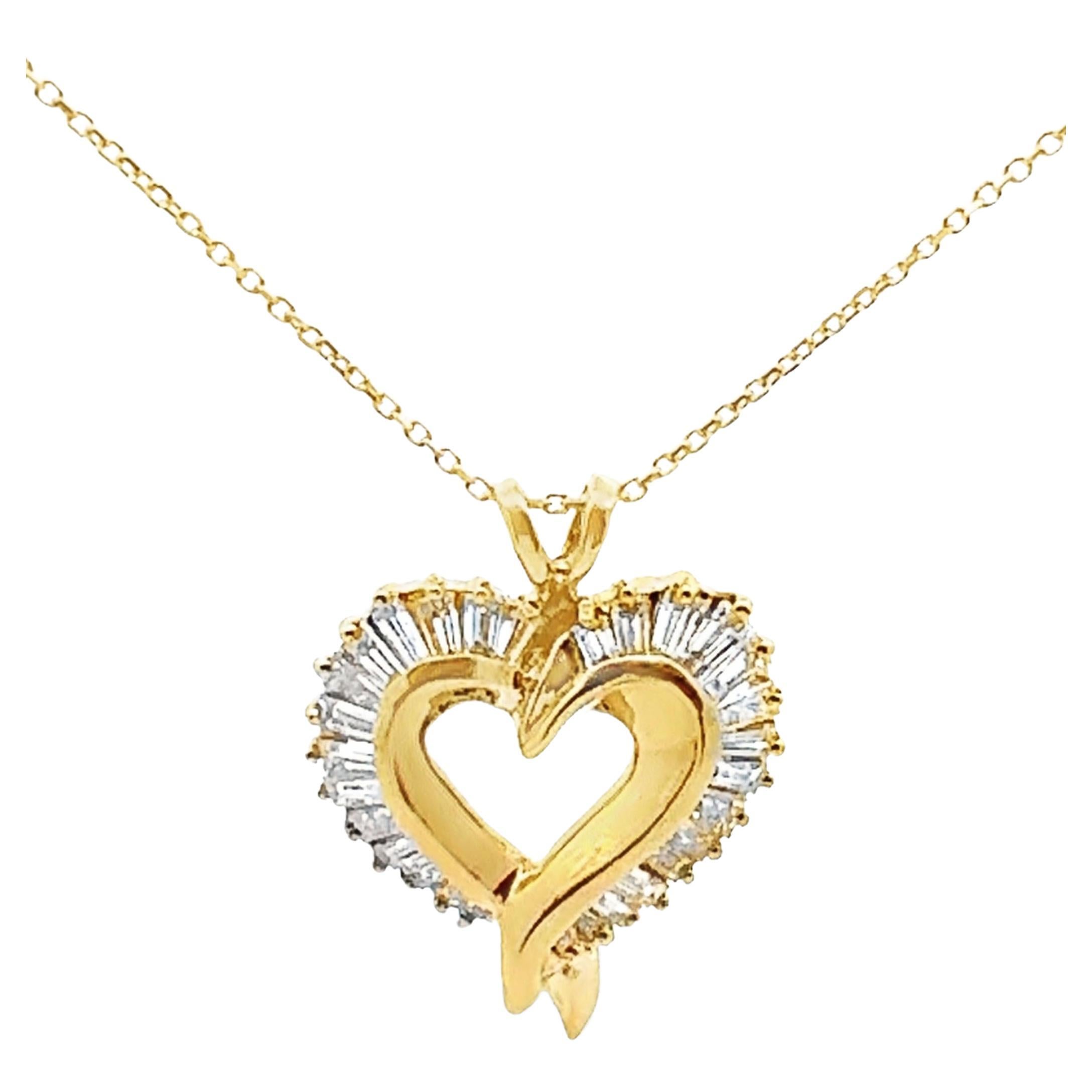 14K Yellow Gold Baguette Diamond Heart Pendant Necklace