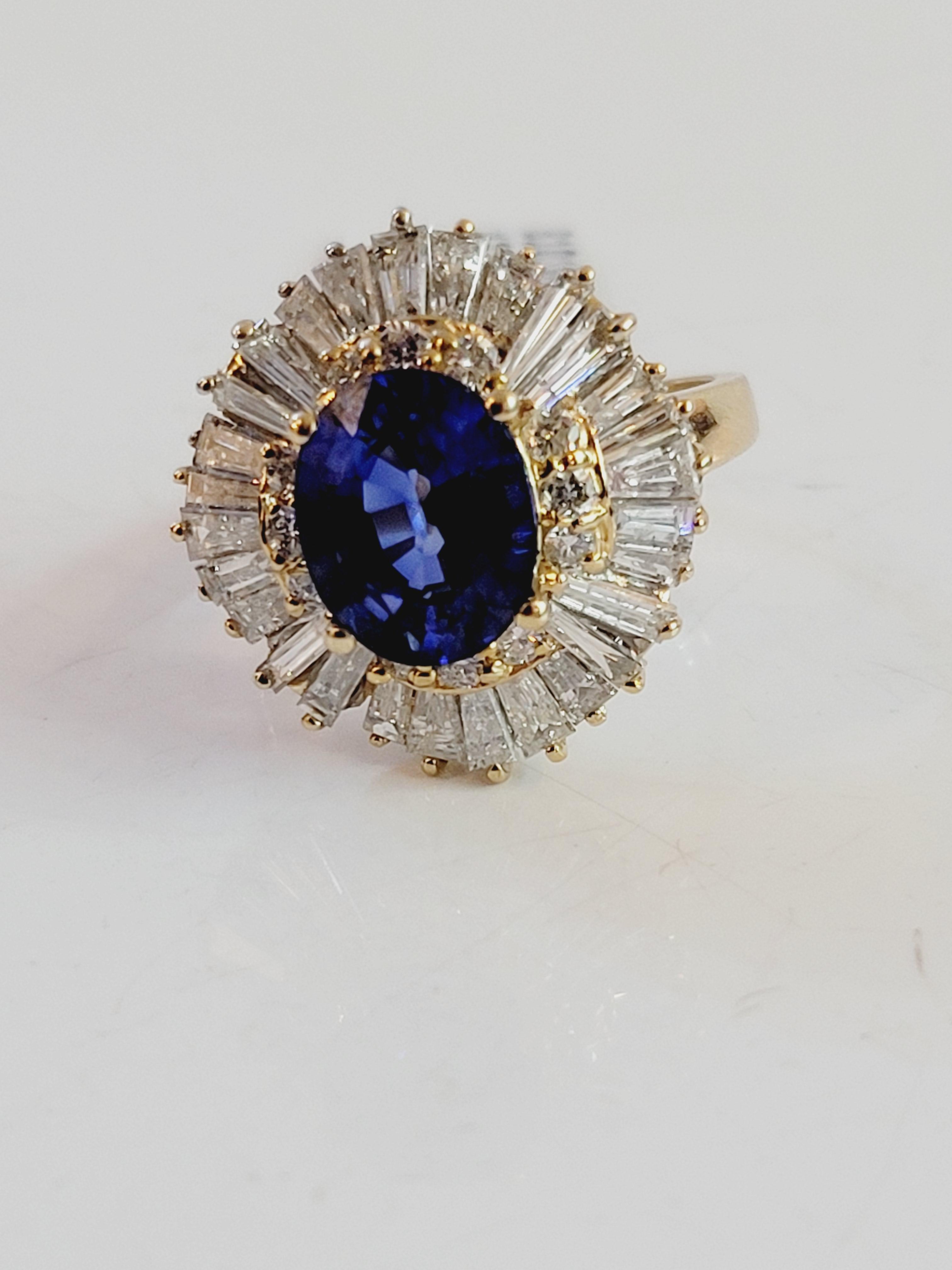 -Custom made
-14k Yellow Gold
-Ring size: 7
-Center Stone Measurement: 10 x 8mm
-Blue Sapphire (Heated): 2.5 ct
-Diamond: 1.93ct, VS1 clarity, D color
-Total Weight 8.00 Grams
-Retail Price $4379