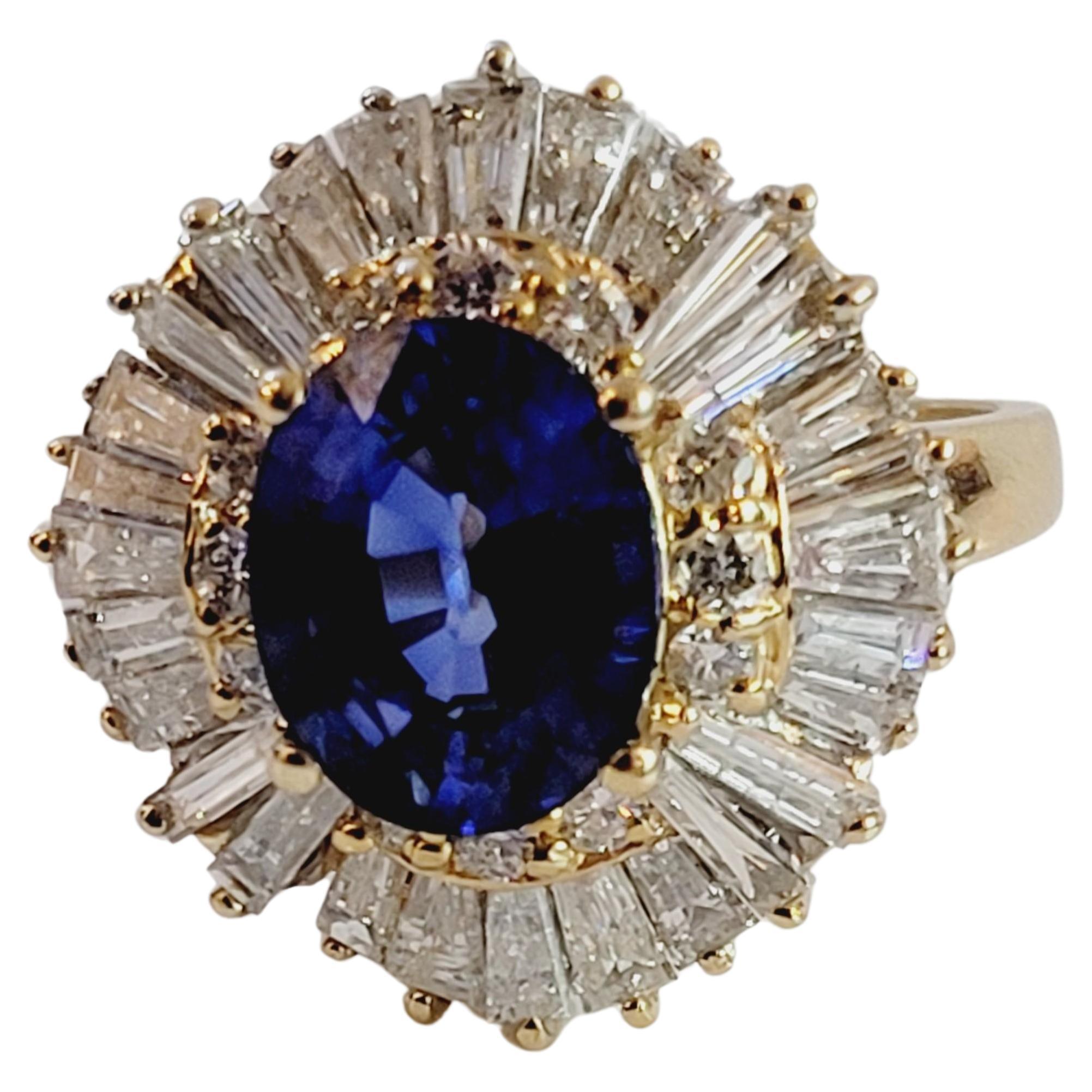 Bague ballerine en or jaune 14 carats avec pierre centrale en saphir bleu et diamants en vente