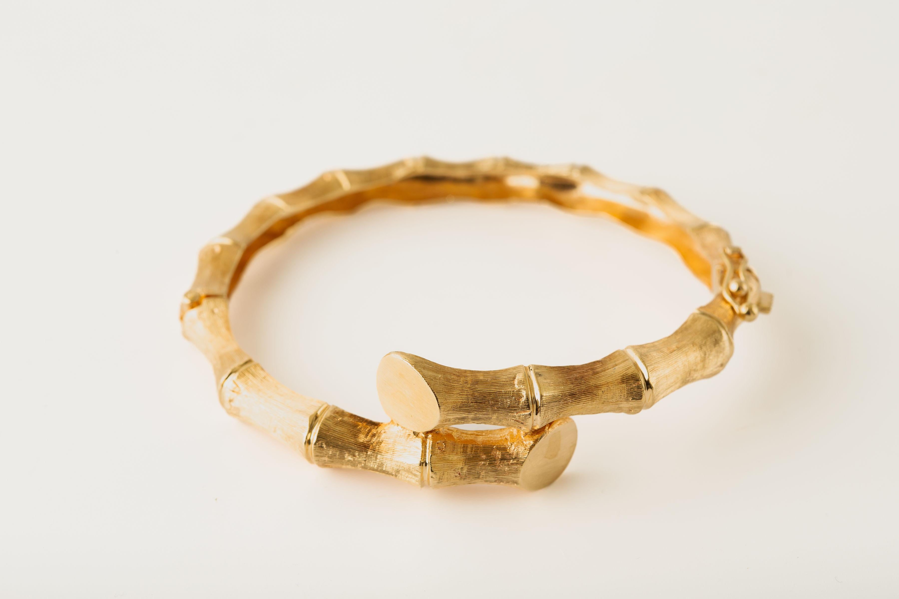 14k Yellow Gold Bamboo Bypass Bangle Bracelet For Sale 1