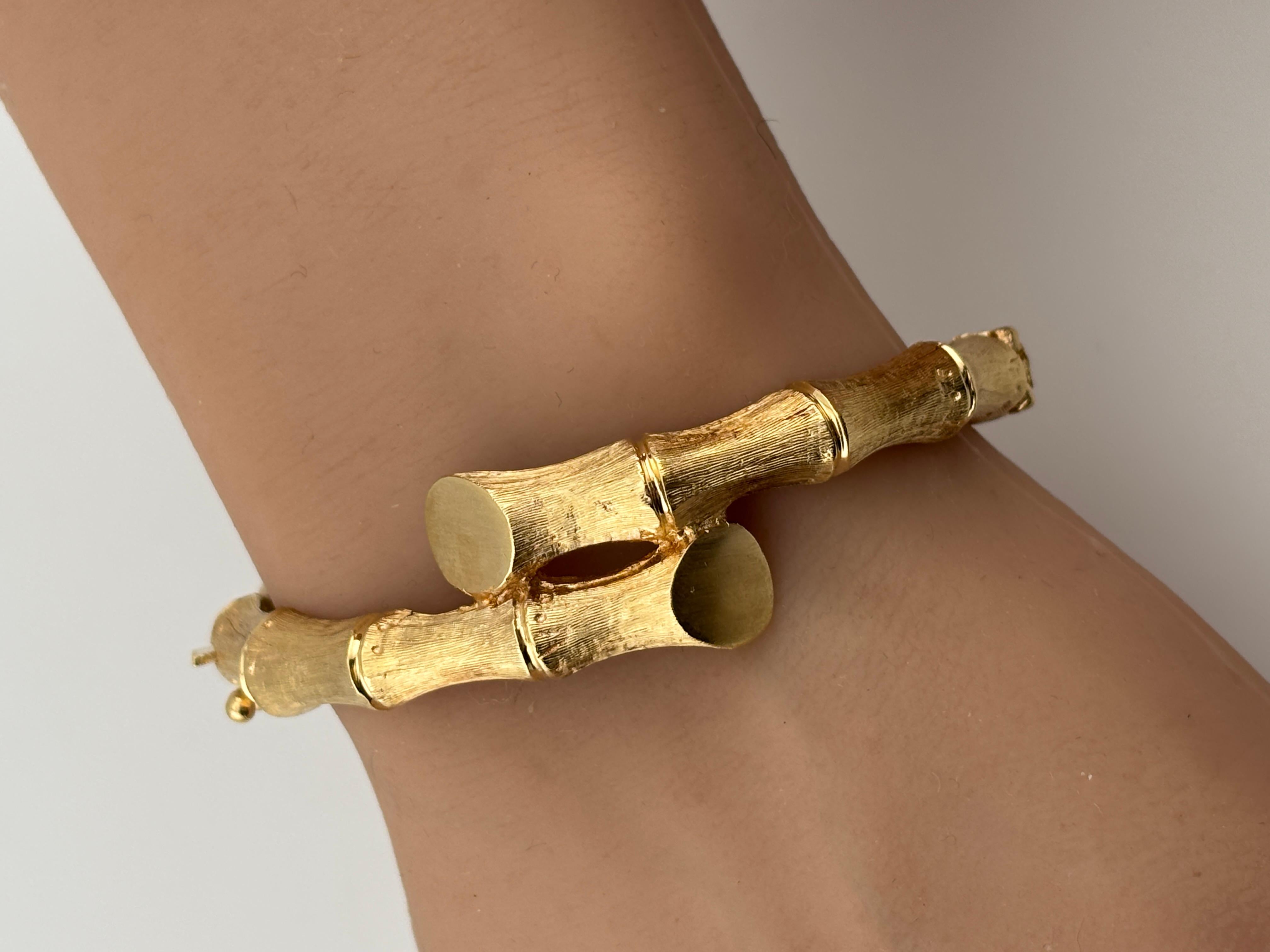 14k Yellow Gold Bamboo Bypass Bangle Bracelet For Sale 2