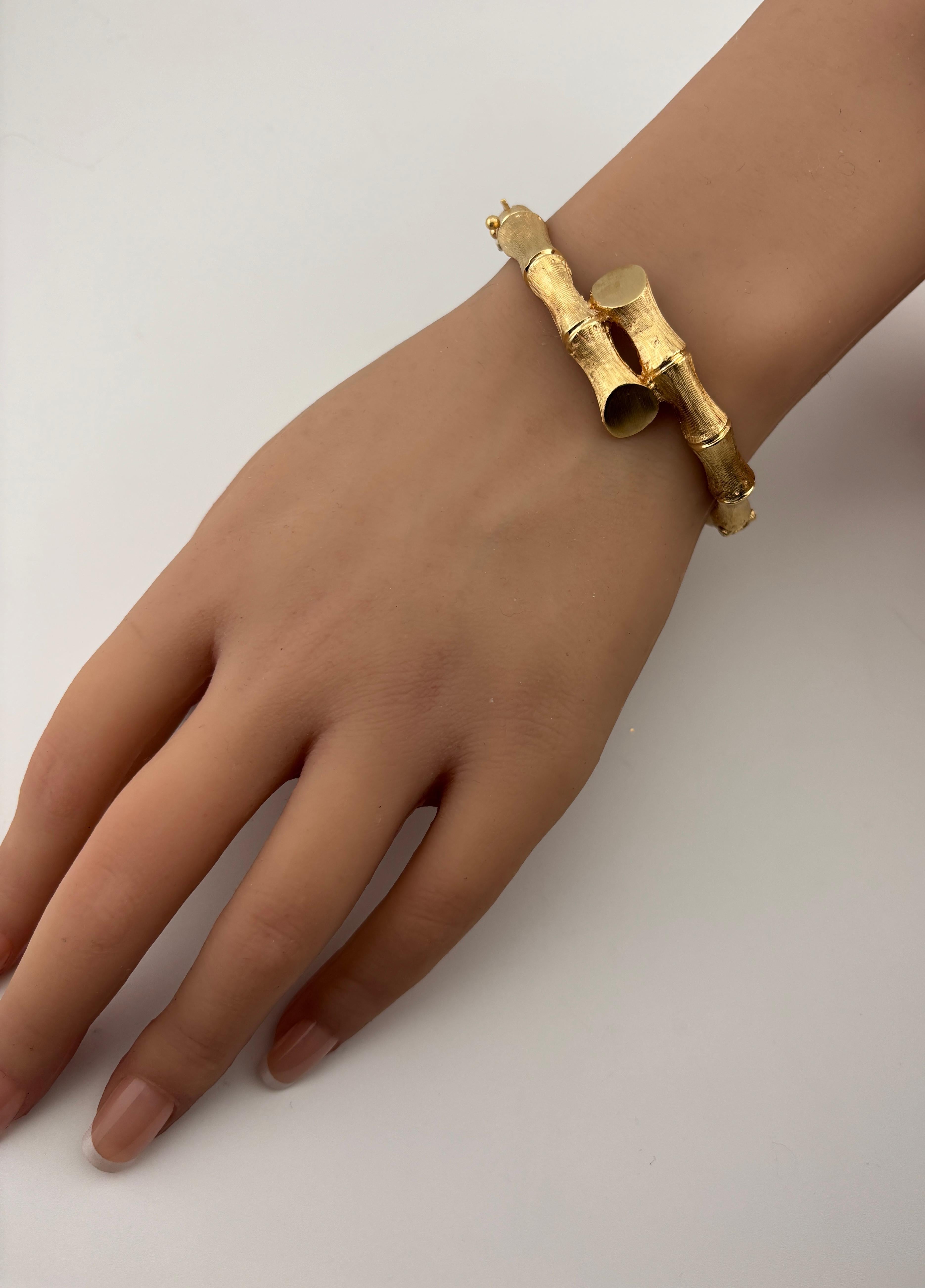 14k Yellow Gold Bamboo Bypass Bangle Bracelet For Sale 3