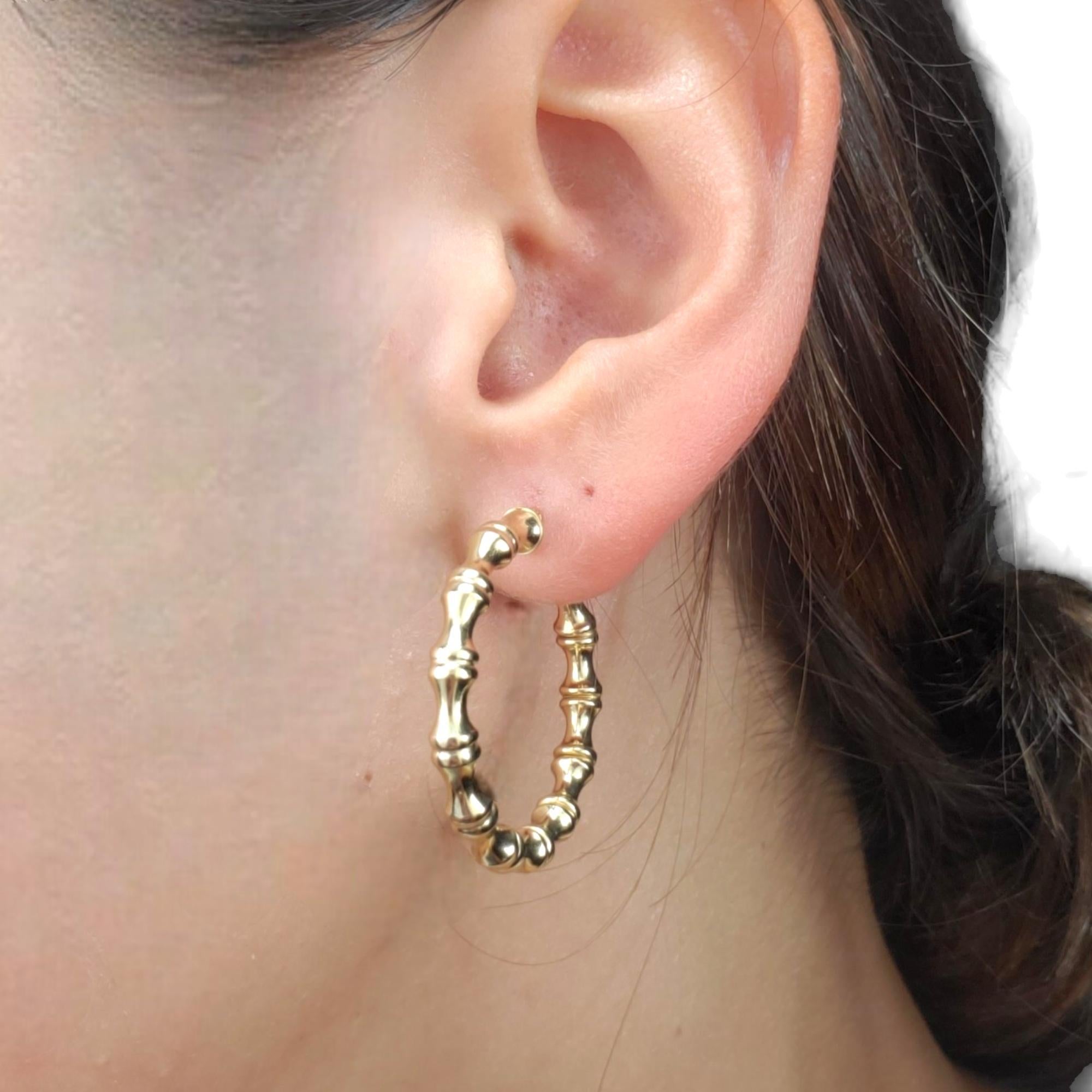 14K Yellow Gold Bamboo Hoop Earrings #17951 2