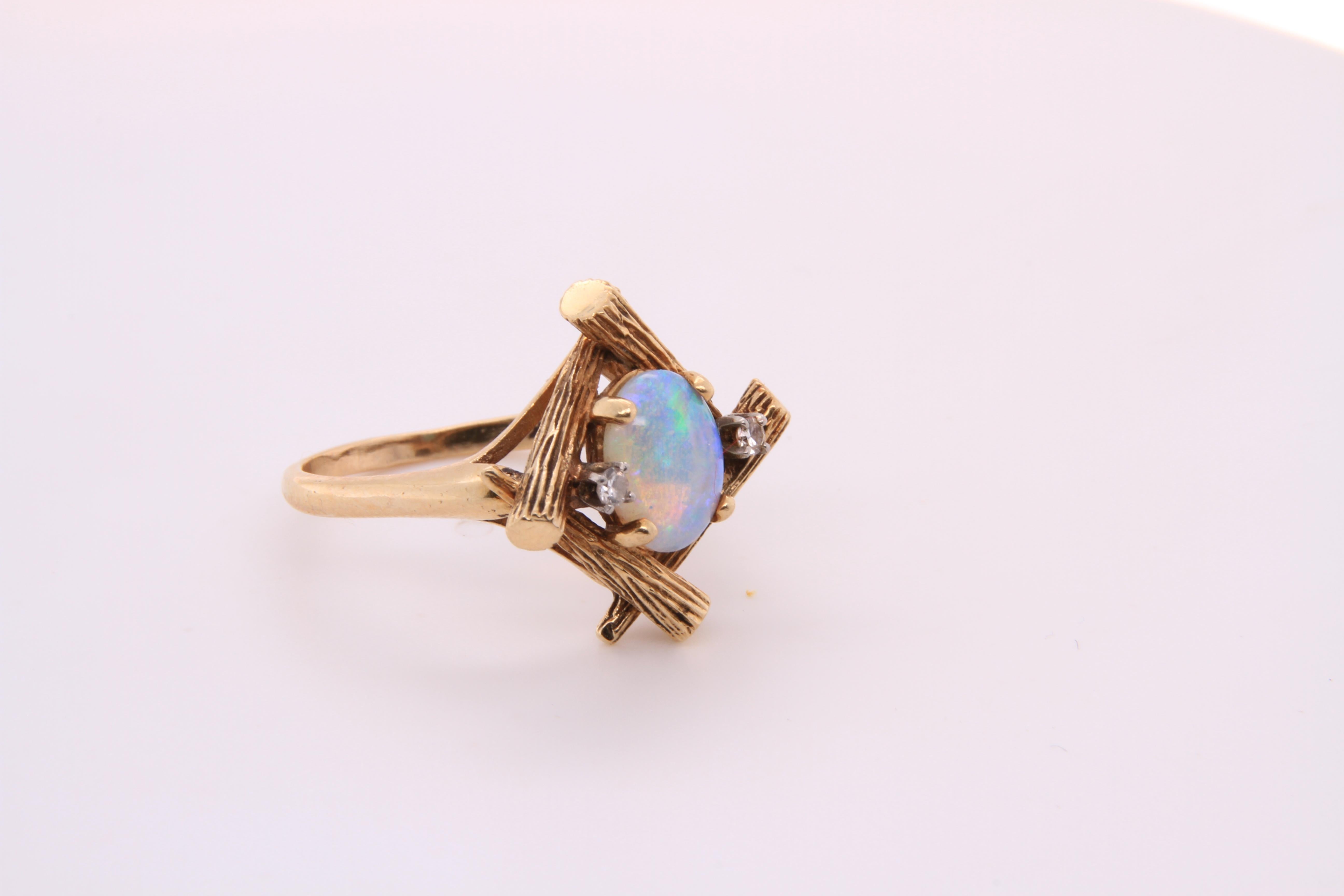14K Yellow Gold Bamboo Ring with Oval Opal and Two Diamonds, // Farina Fi 5