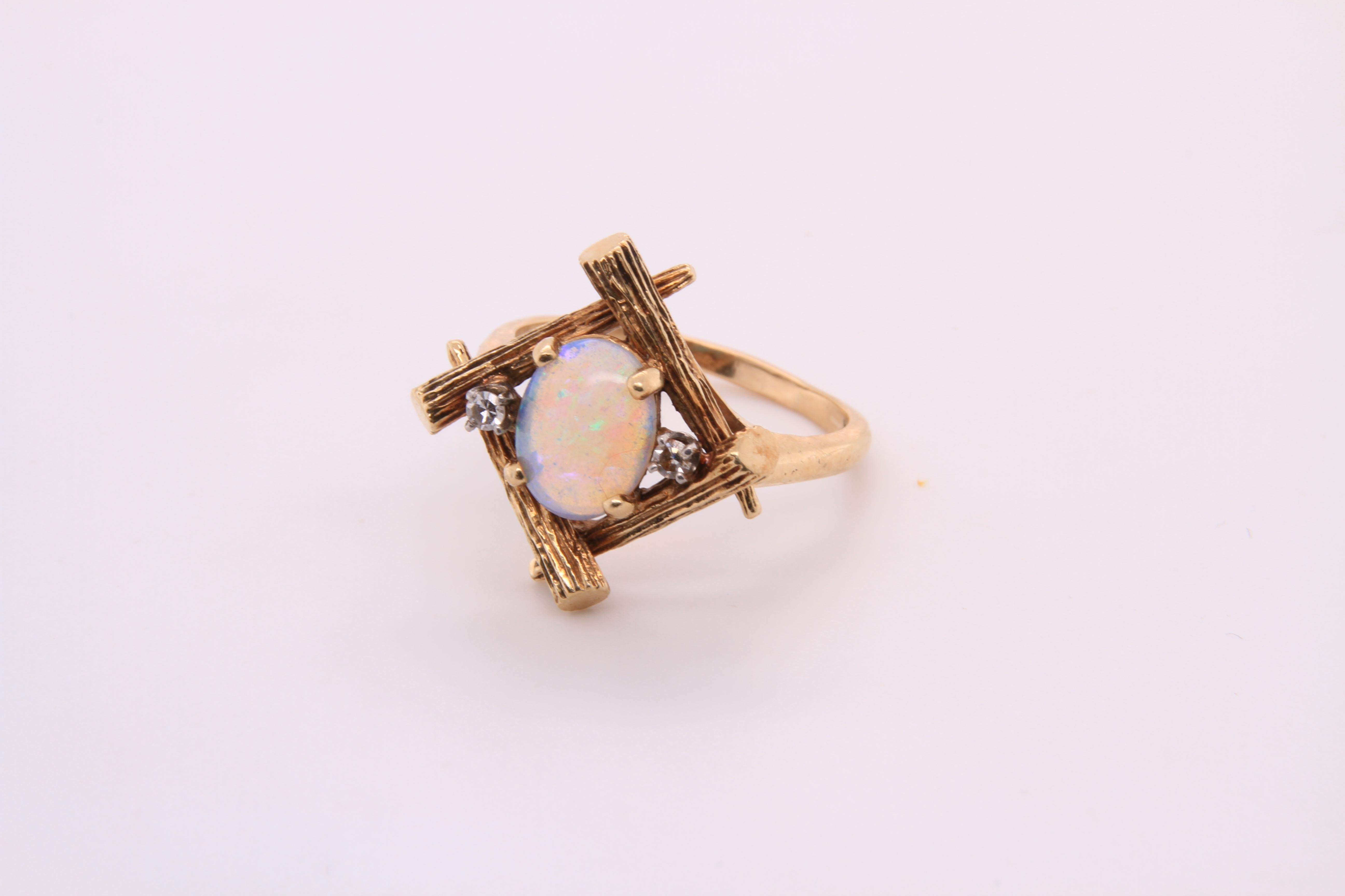 14K Yellow Gold Bamboo Ring with Oval Opal and Two Diamonds, // Farina Fi 6