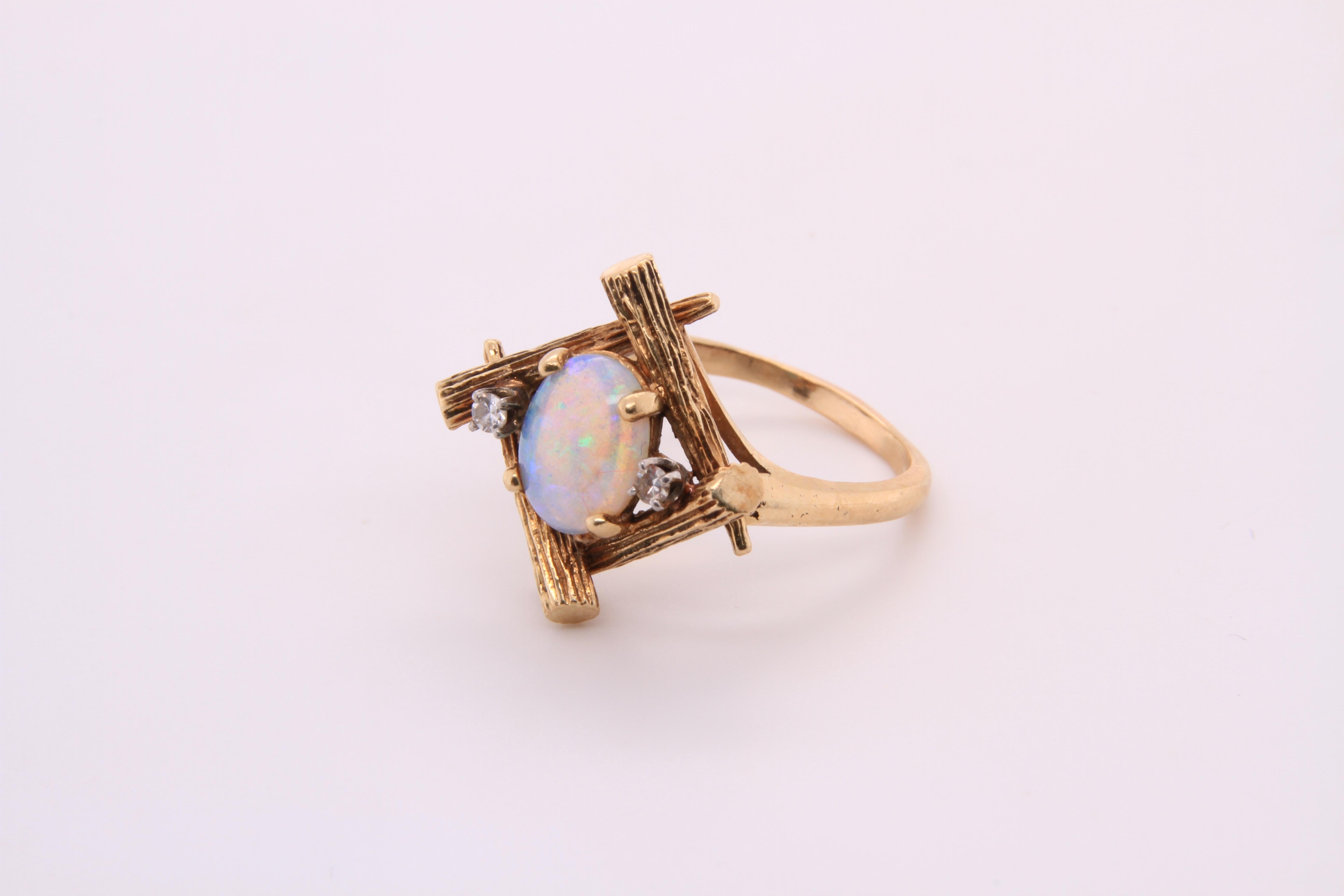 14K Yellow Gold Bamboo Ring with Oval Opal and Two Diamonds, // Farina Fi 7