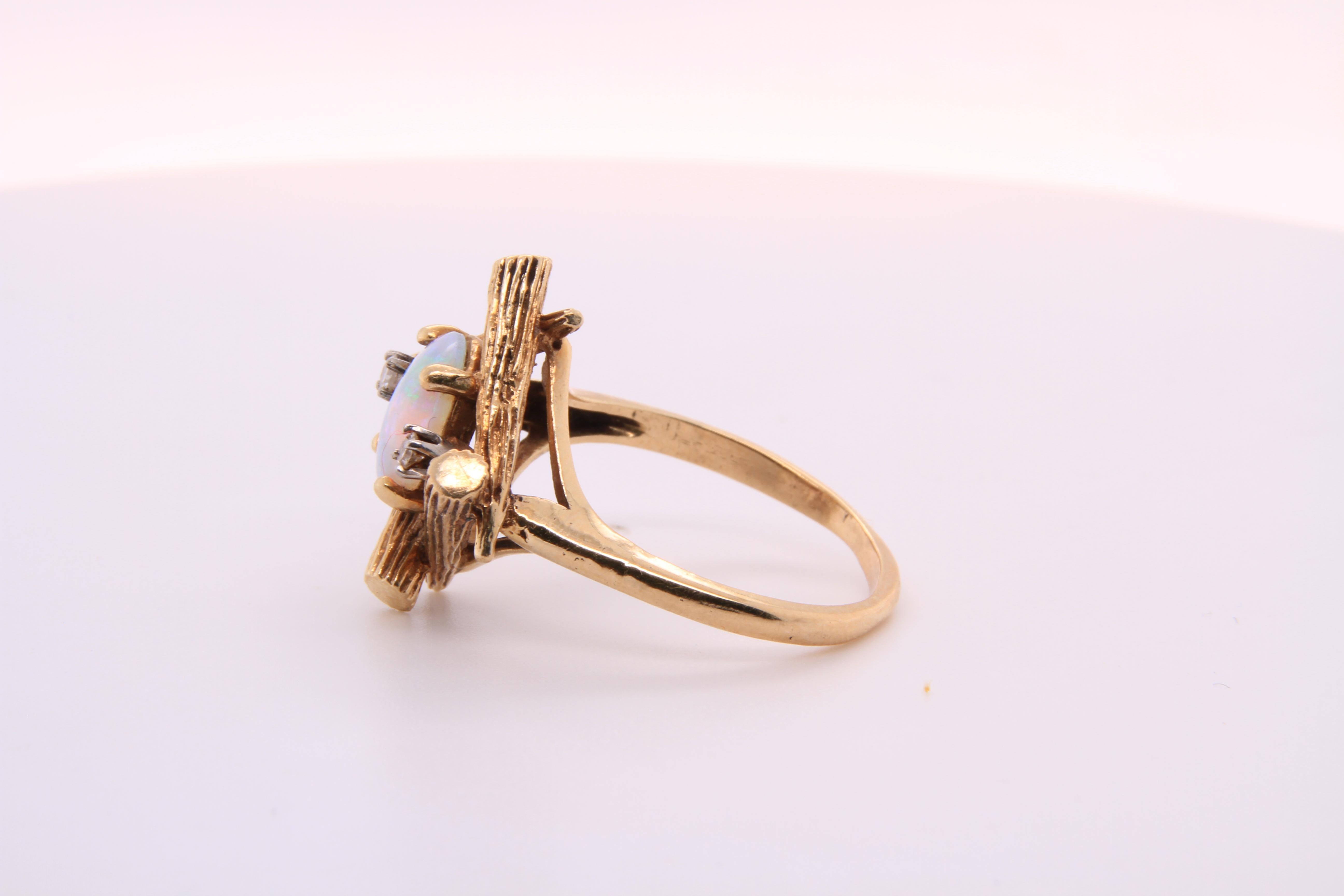 14K Yellow Gold Bamboo Ring with Oval Opal and Two Diamonds, // Farina Fi 8