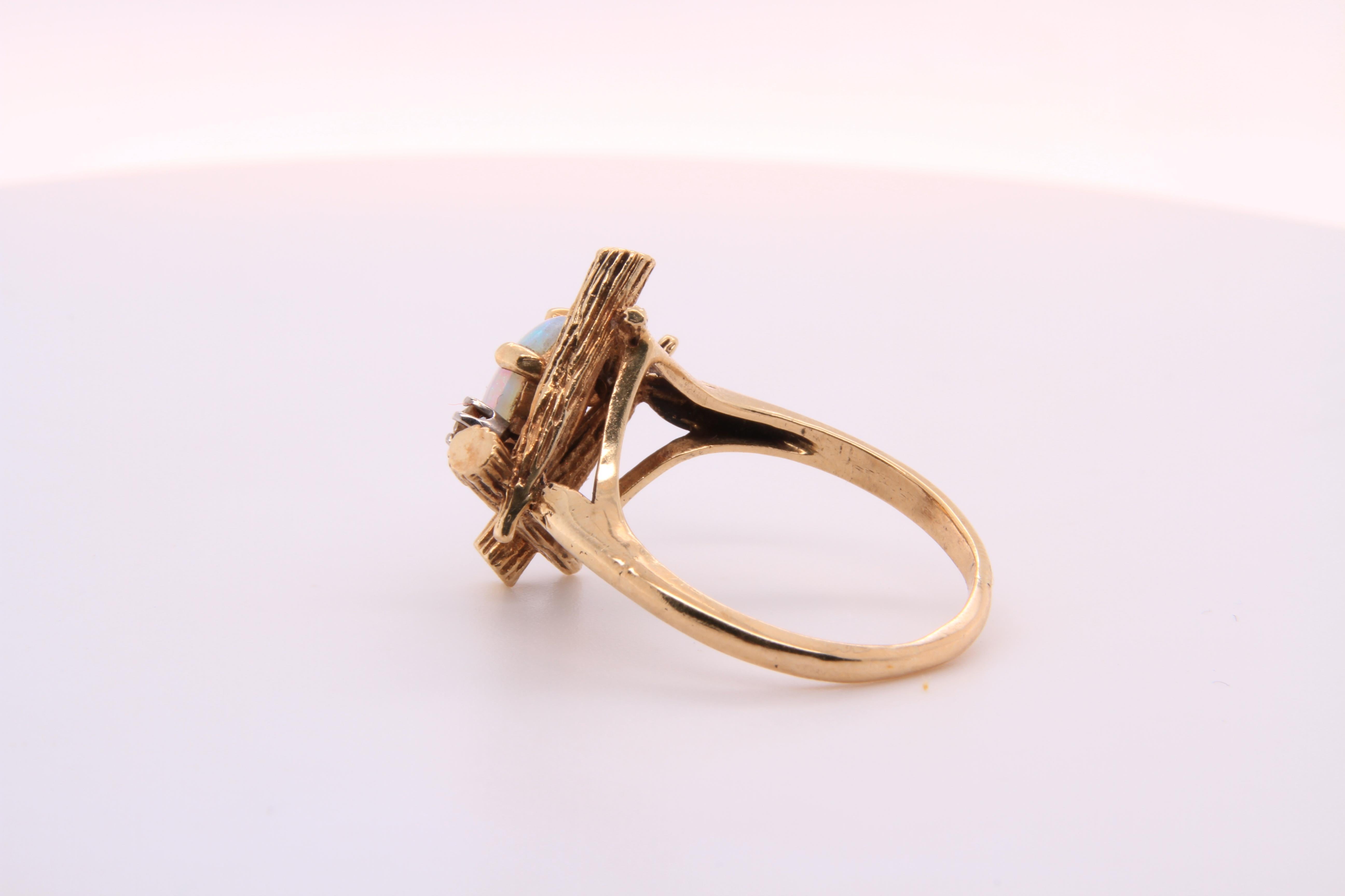 14K Yellow Gold Bamboo Ring with Oval Opal and Two Diamonds, // Farina Fi 9