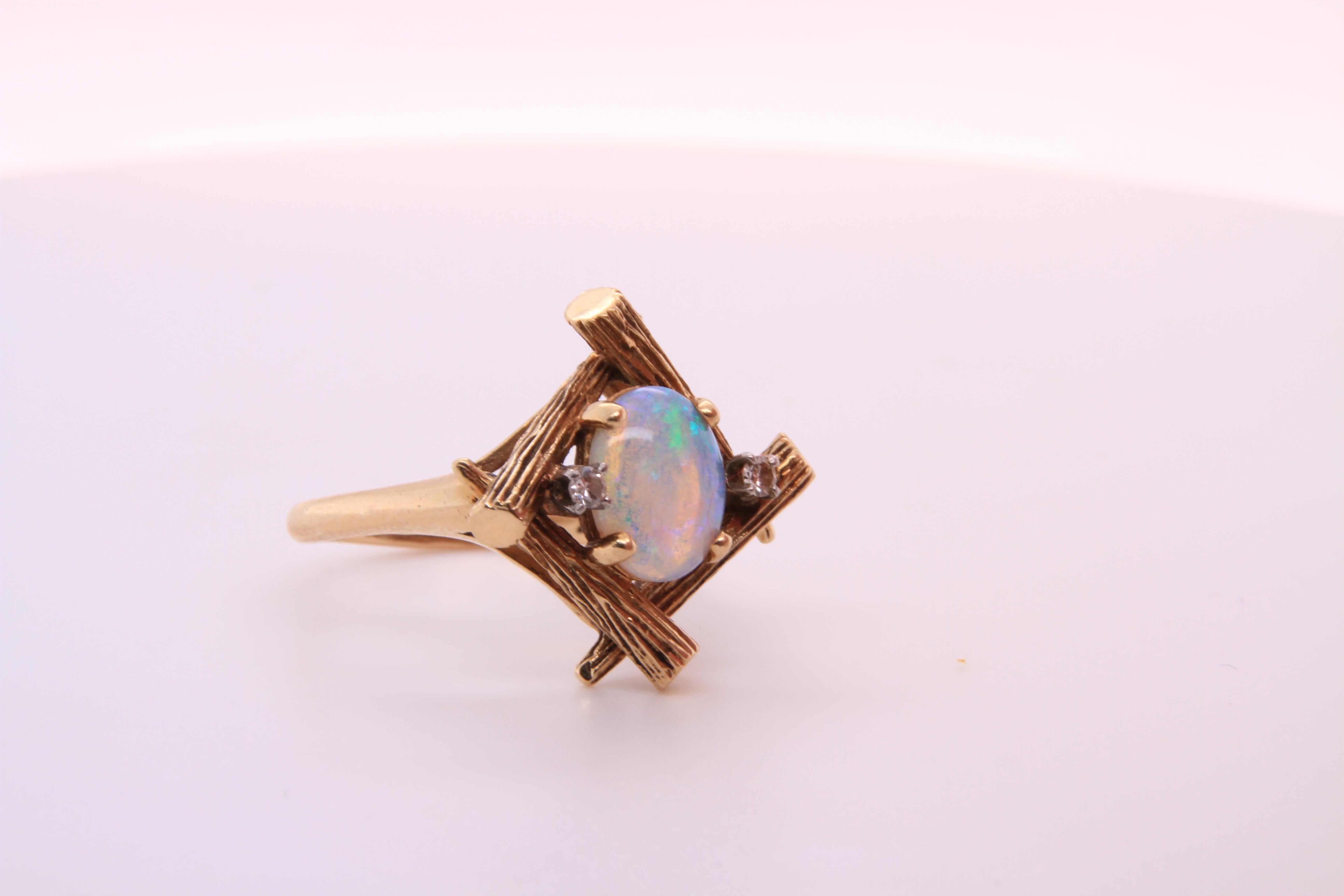 14K Yellow Gold Bamboo Ring with Oval Opal and Two Diamonds, // Farina Fi 12