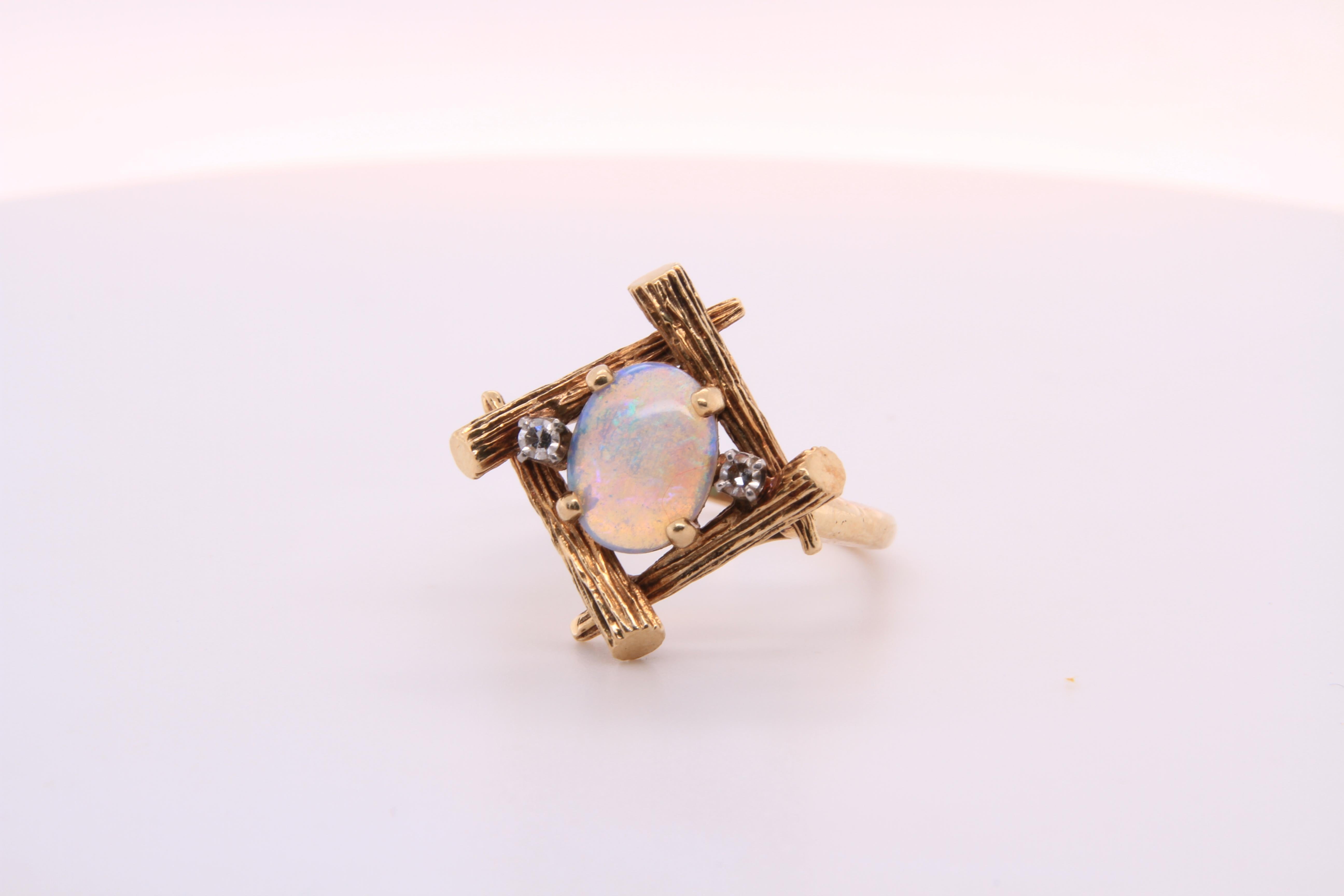 14K Yellow Gold Bamboo Ring with Oval Opal and Two Diamonds, // Farina Fi 13