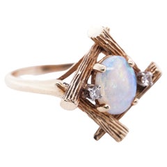 14K Yellow Gold Bamboo Ring with Oval Opal and Two Diamonds, // Farina Fi