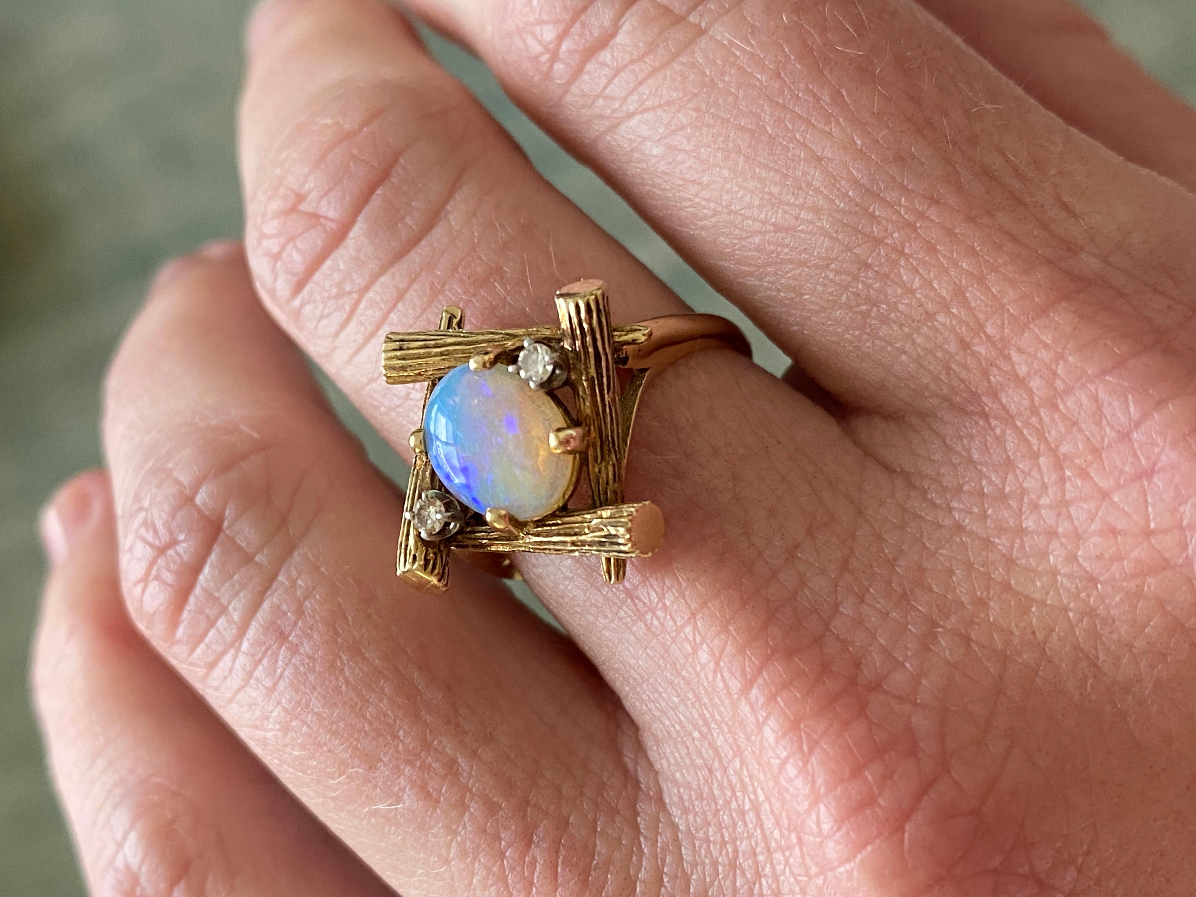 Women's or Men's 14K Yellow Gold Bamboo Ring with Oval Opal and Two Diamonds, // Farina Fi