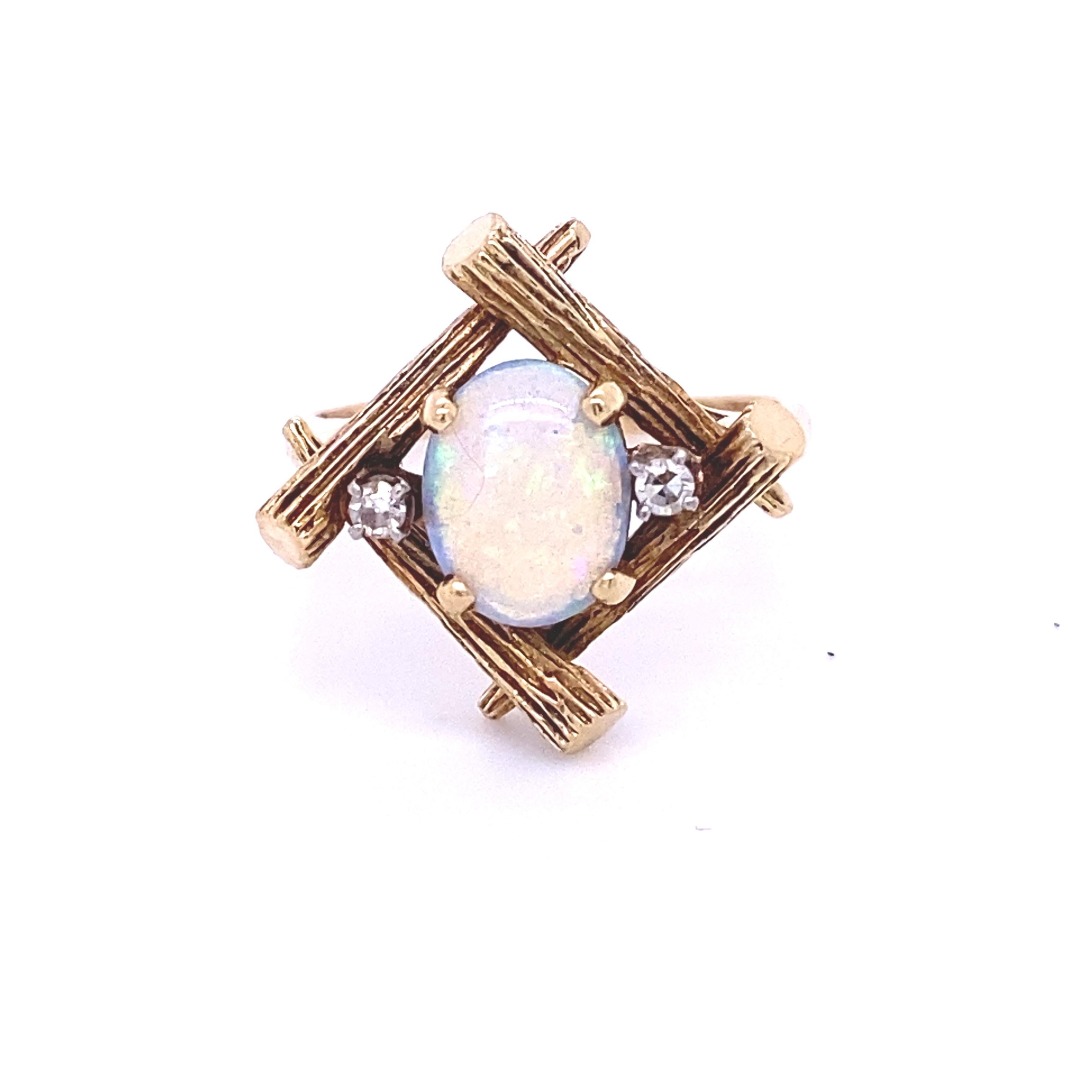 14K Yellow Gold Bamboo Ring with Oval Opal and Two Diamonds, // Farina Fi 1