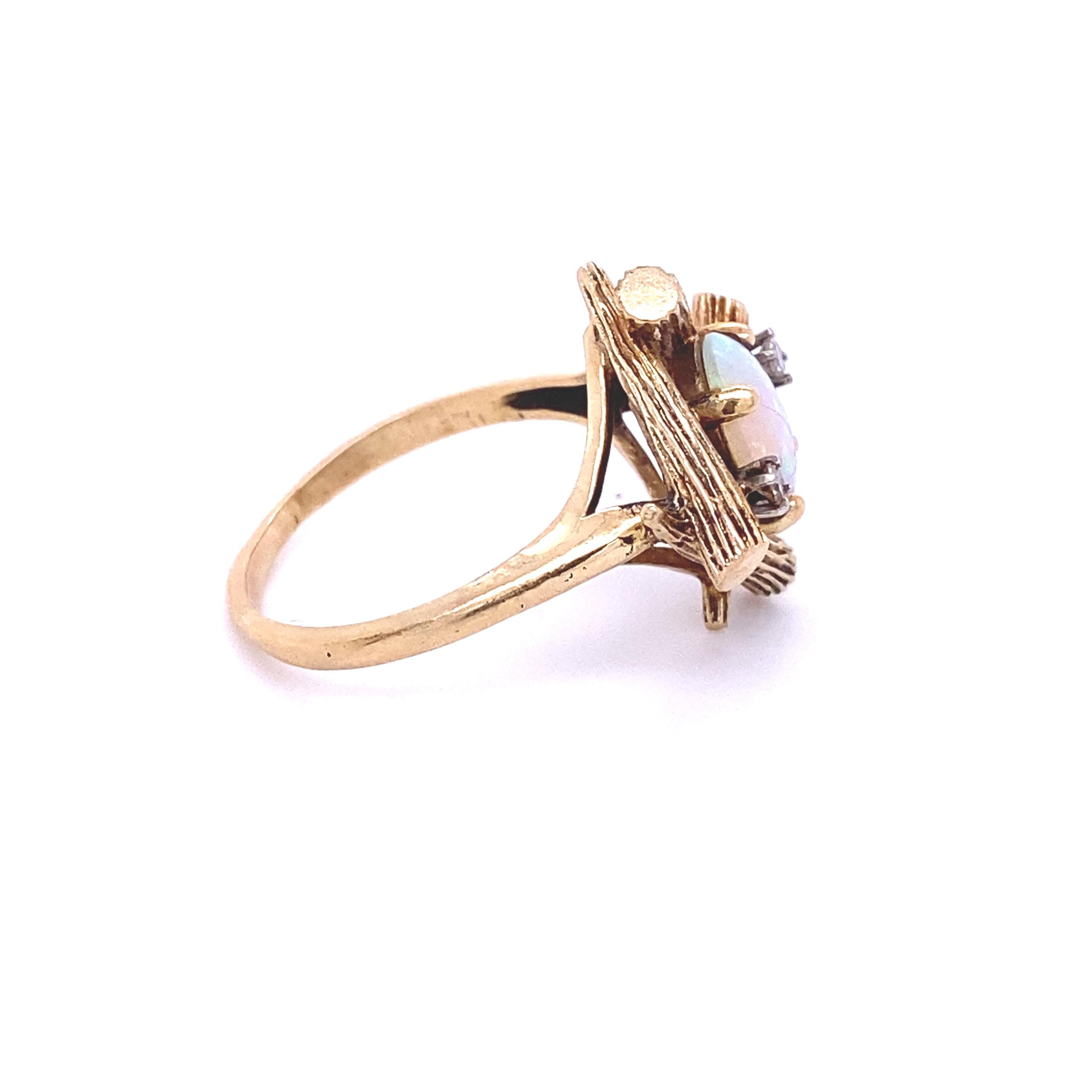 14K Yellow Gold Bamboo Ring with Oval Opal and Two Diamonds, // Farina Fi 2