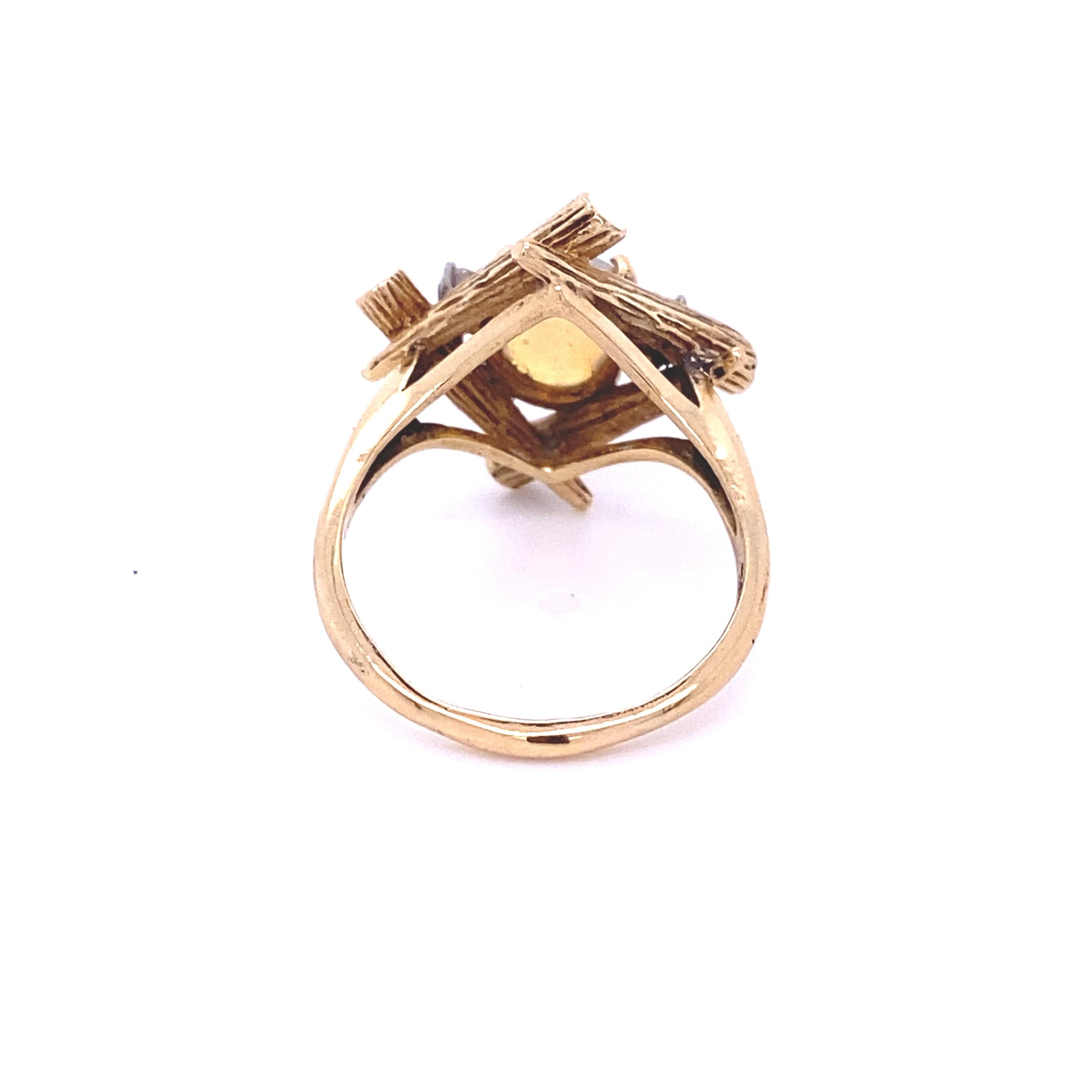 14K Yellow Gold Bamboo Ring with Oval Opal and Two Diamonds, // Farina Fi 3