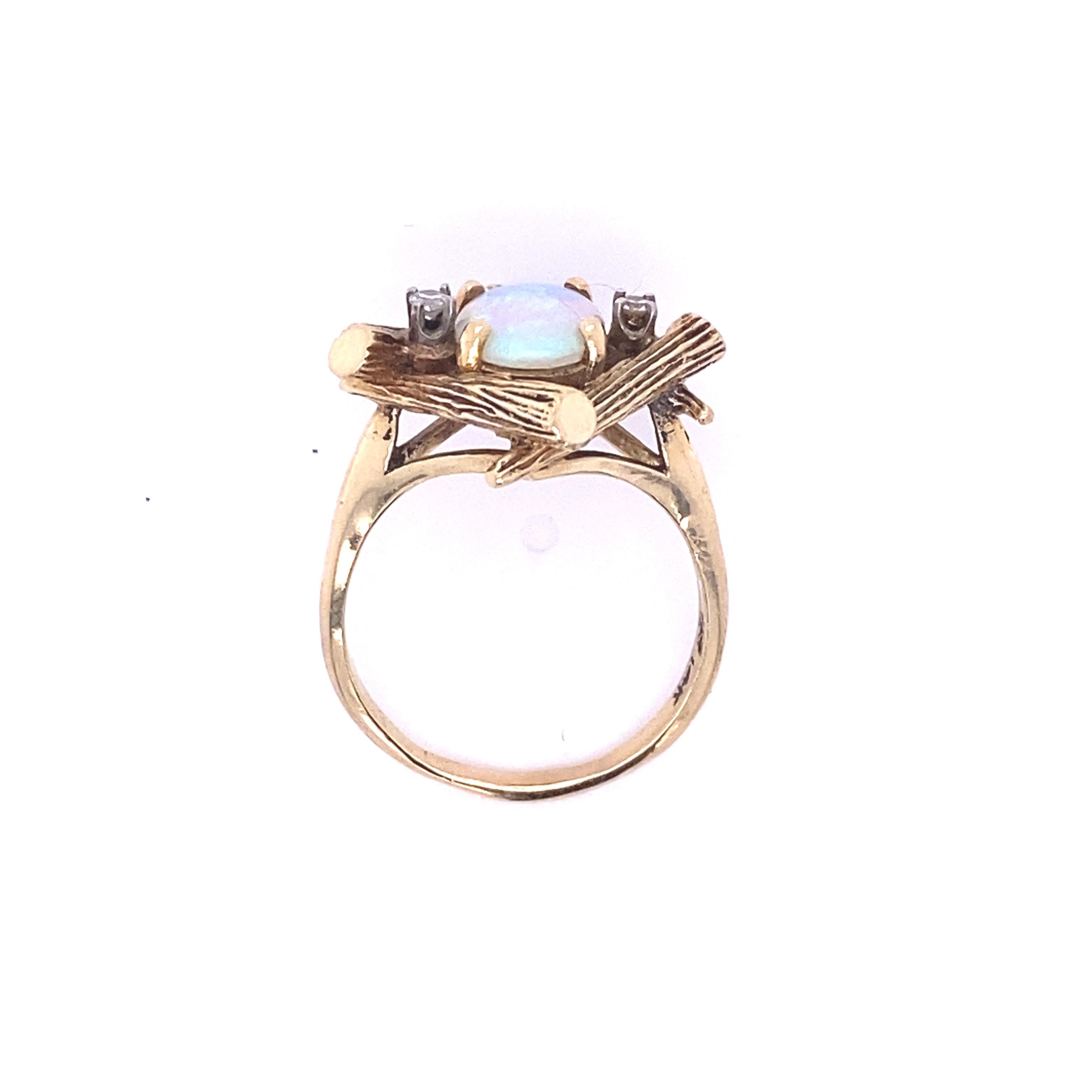 14K Yellow Gold Bamboo Ring with Oval Opal and Two Diamonds, // Farina Fi 4