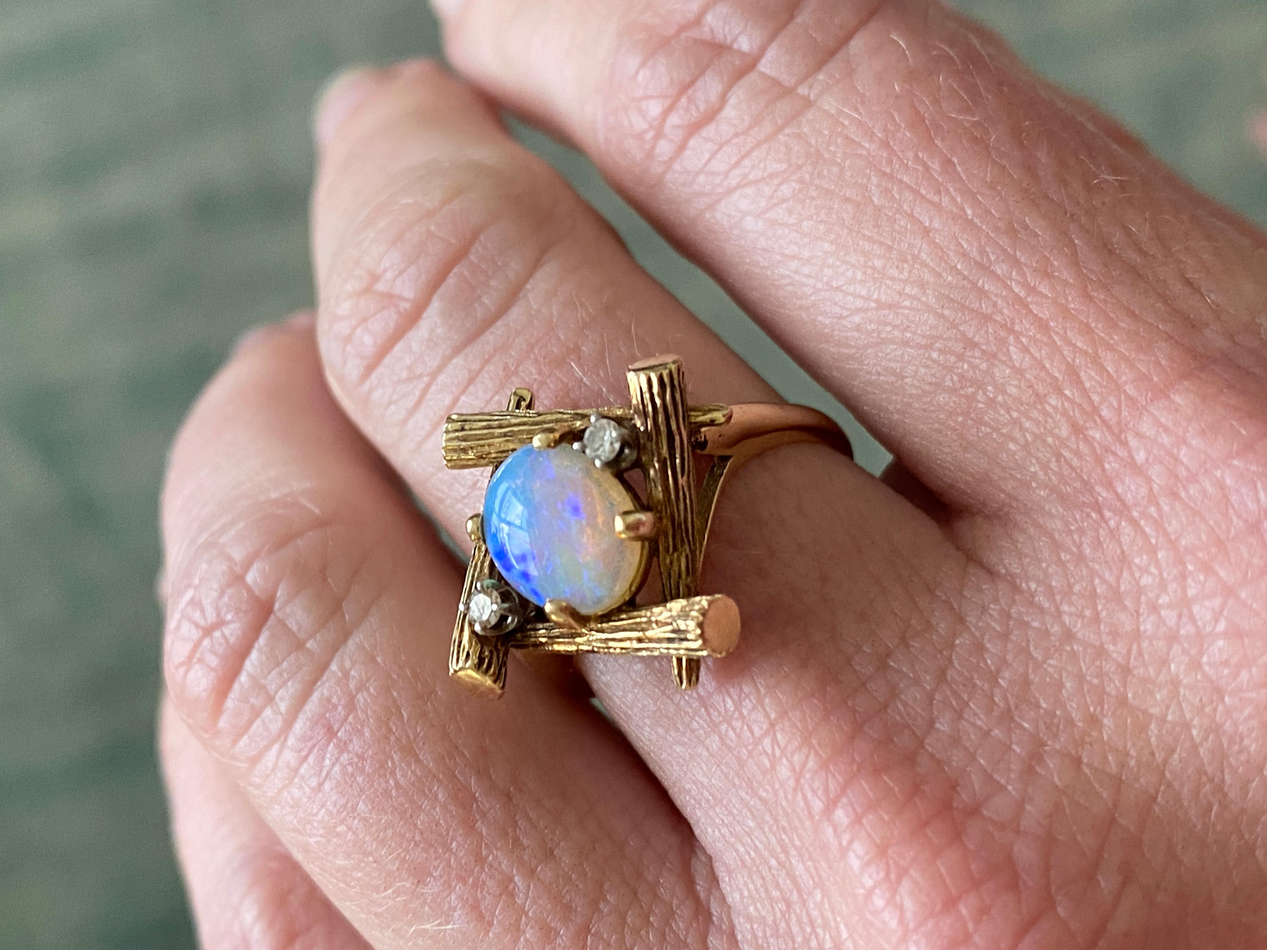 14K Yellow Gold Bamboo Ring with Oval Opal and Two Diamonds, Size 7, Bamboo sticks are delicately carved. Lovely multi-colored oval opal and two small prong-set diamonds.