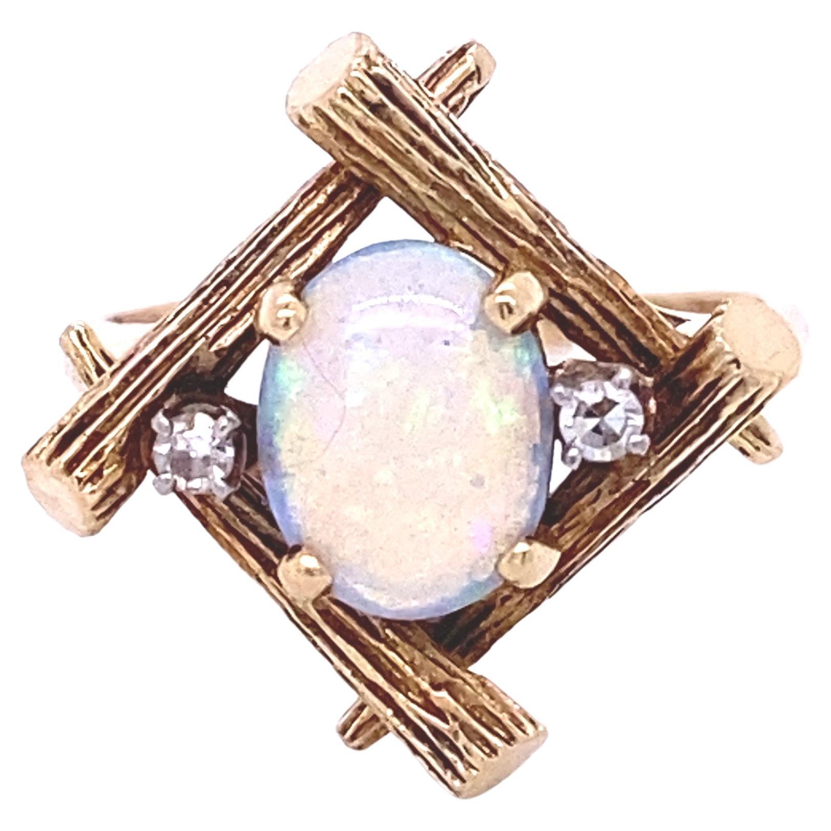 Oval Cut 14K Yellow Gold Bamboo Ring with Oval Opal and Two Diamonds, // Farina Fi