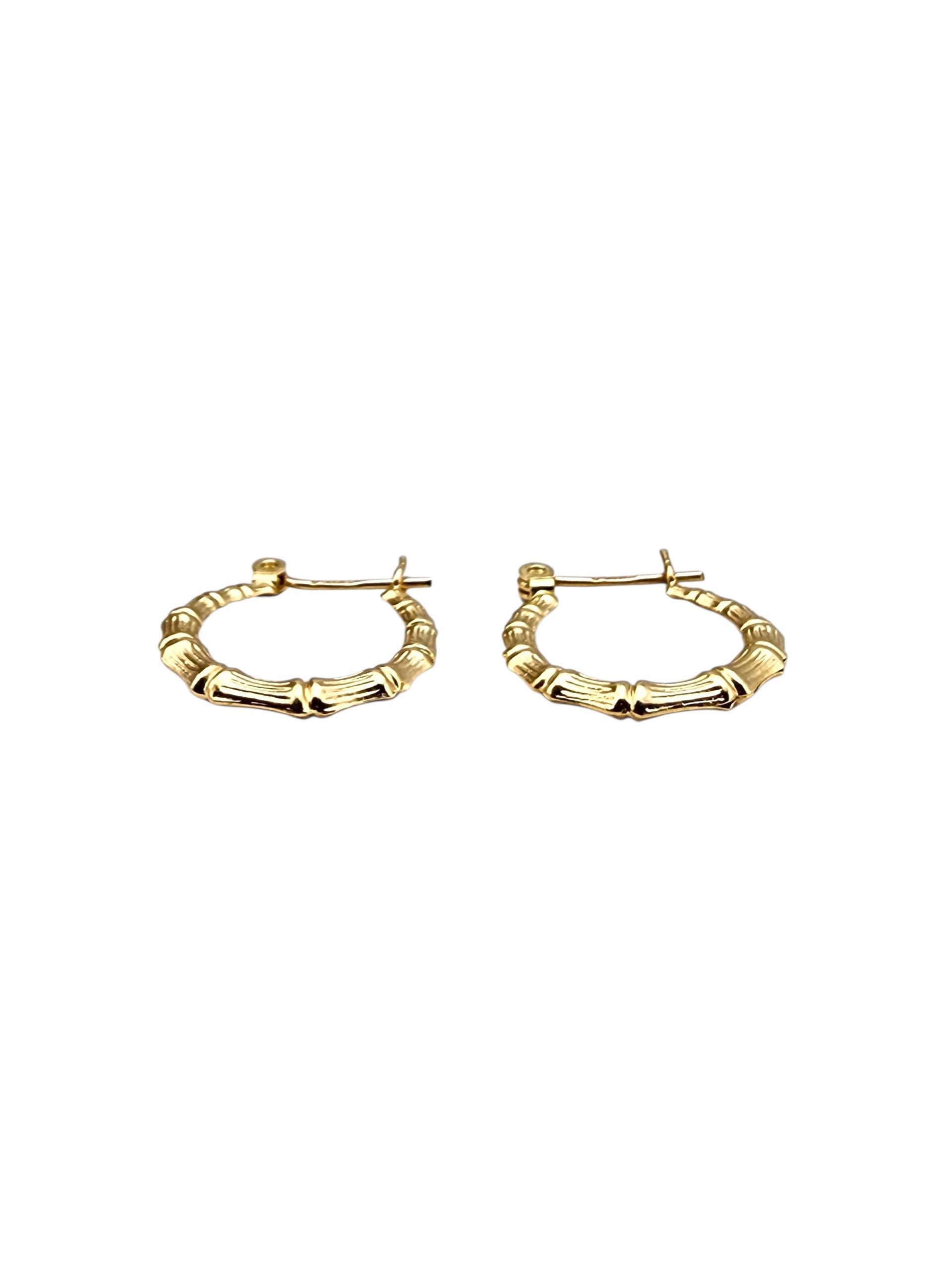 14K Yellow Gold Bamboo Style Hoop Earrings #22712 For Sale 1