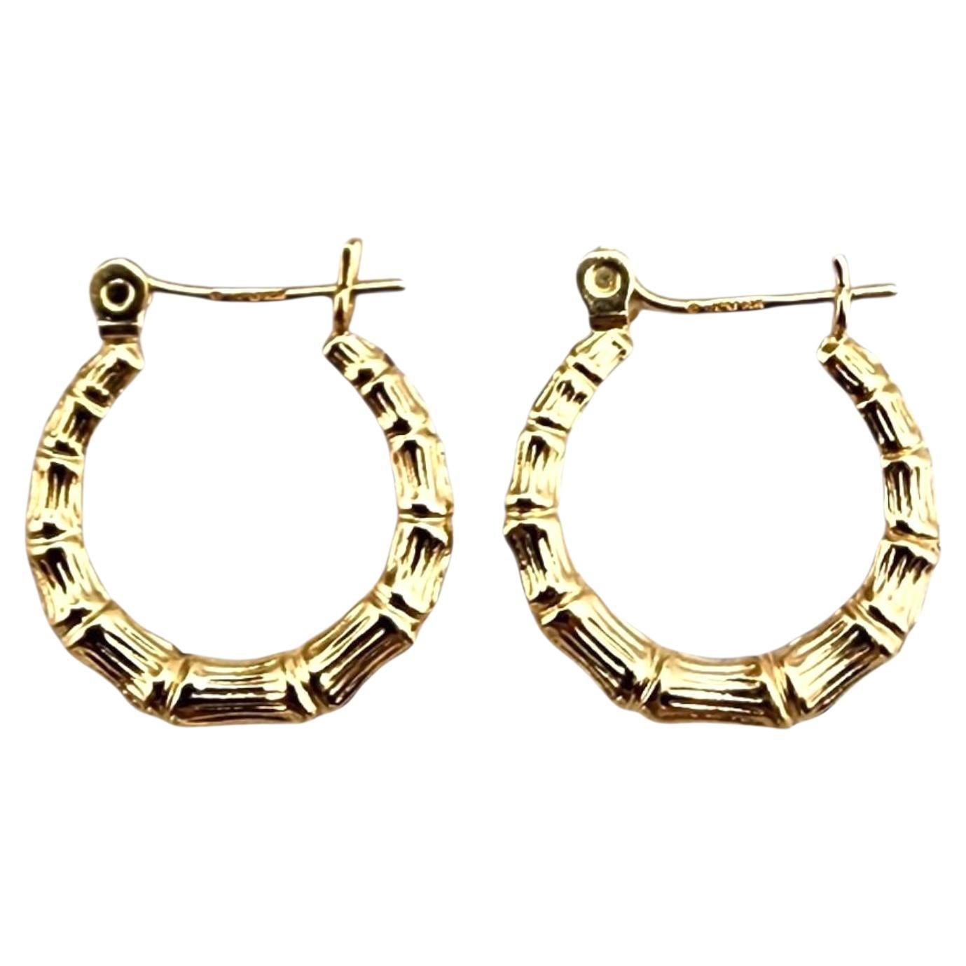 14K Yellow Gold Bamboo Style Hoop Earrings #22712 For Sale
