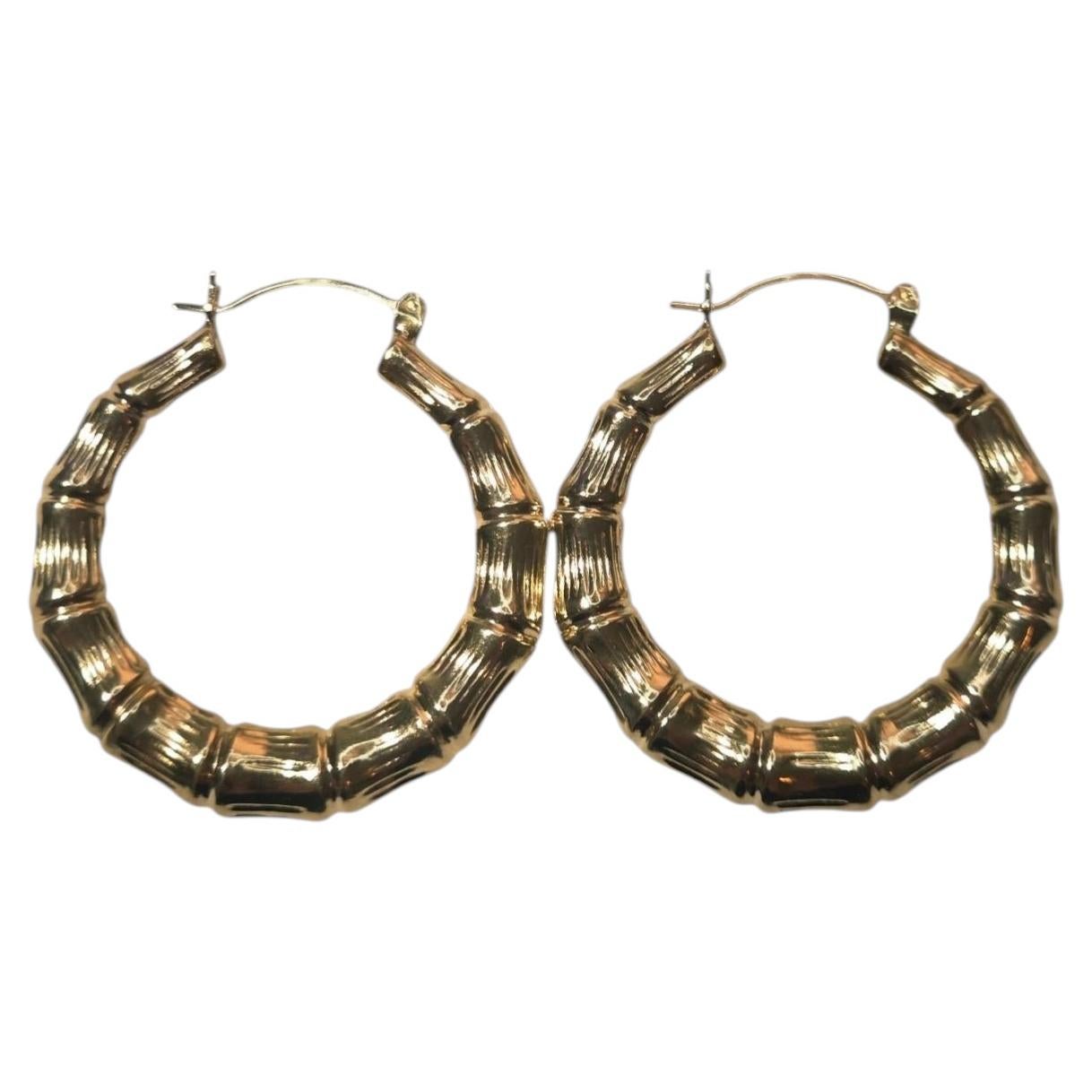 14K Yellow Gold Bamboo Style Hoop Earrings #25580 For Sale