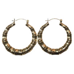 14K Yellow Gold Bamboo Style Hoop Earrings #25580