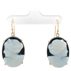 Boucles d'oreilles camées en or jaune 14K avec pierres d'agate noires et blanches
