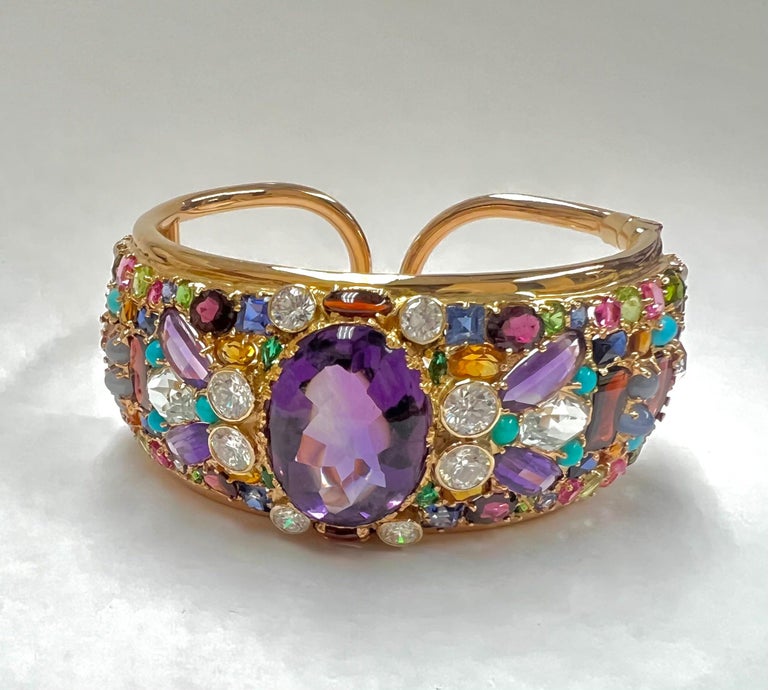 14k Yellow Gold Bangle with Amethyst and Mixed Colored Stones For Sale ...
