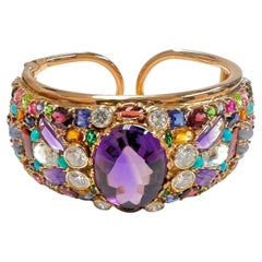 14k Yellow Gold Bangle with Amethyst & Mixed Colored Stones