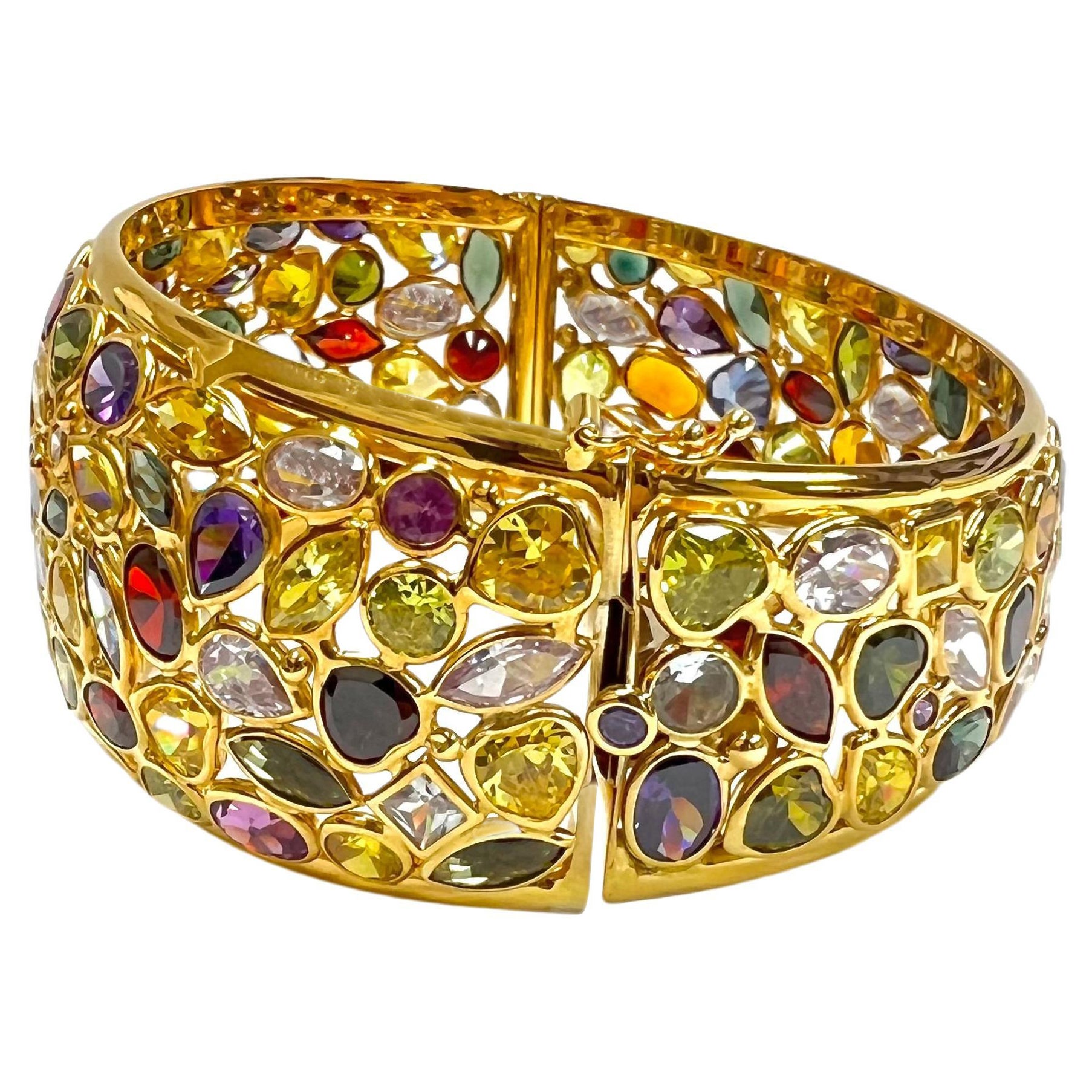 14k Yellow Gold Bangle with Mixed Colored Synthetic and Sapphire Stones