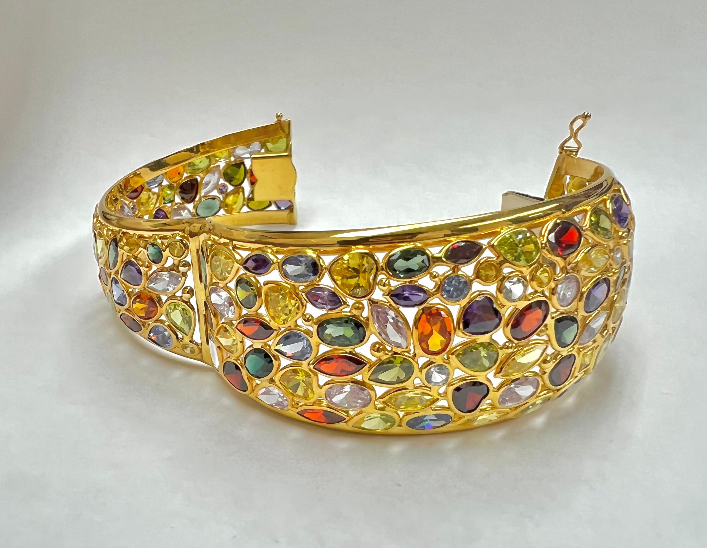 14k Yellow Gold Bangle with Mixed Colored Synthetic and Sapphire Stones In New Condition In Los Angeles, CA