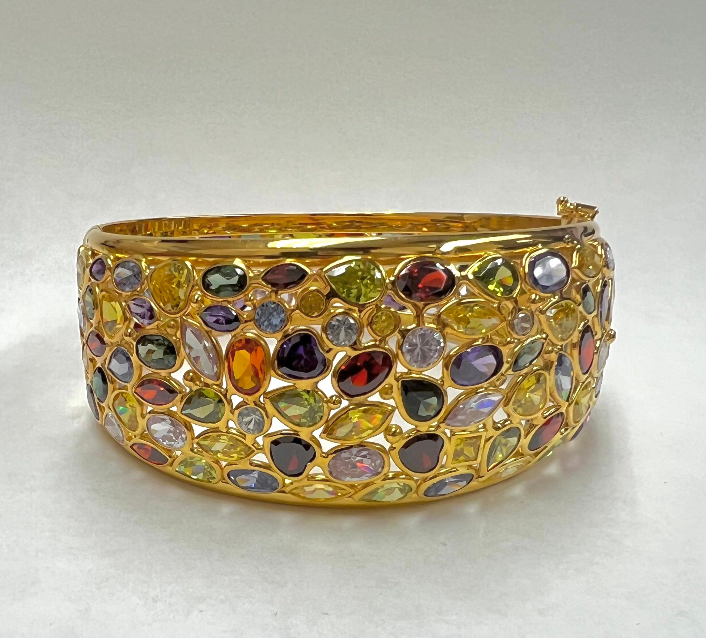 Women's 14k Yellow Gold Bangle with Mixed Colored Synthetic and Sapphire Stones