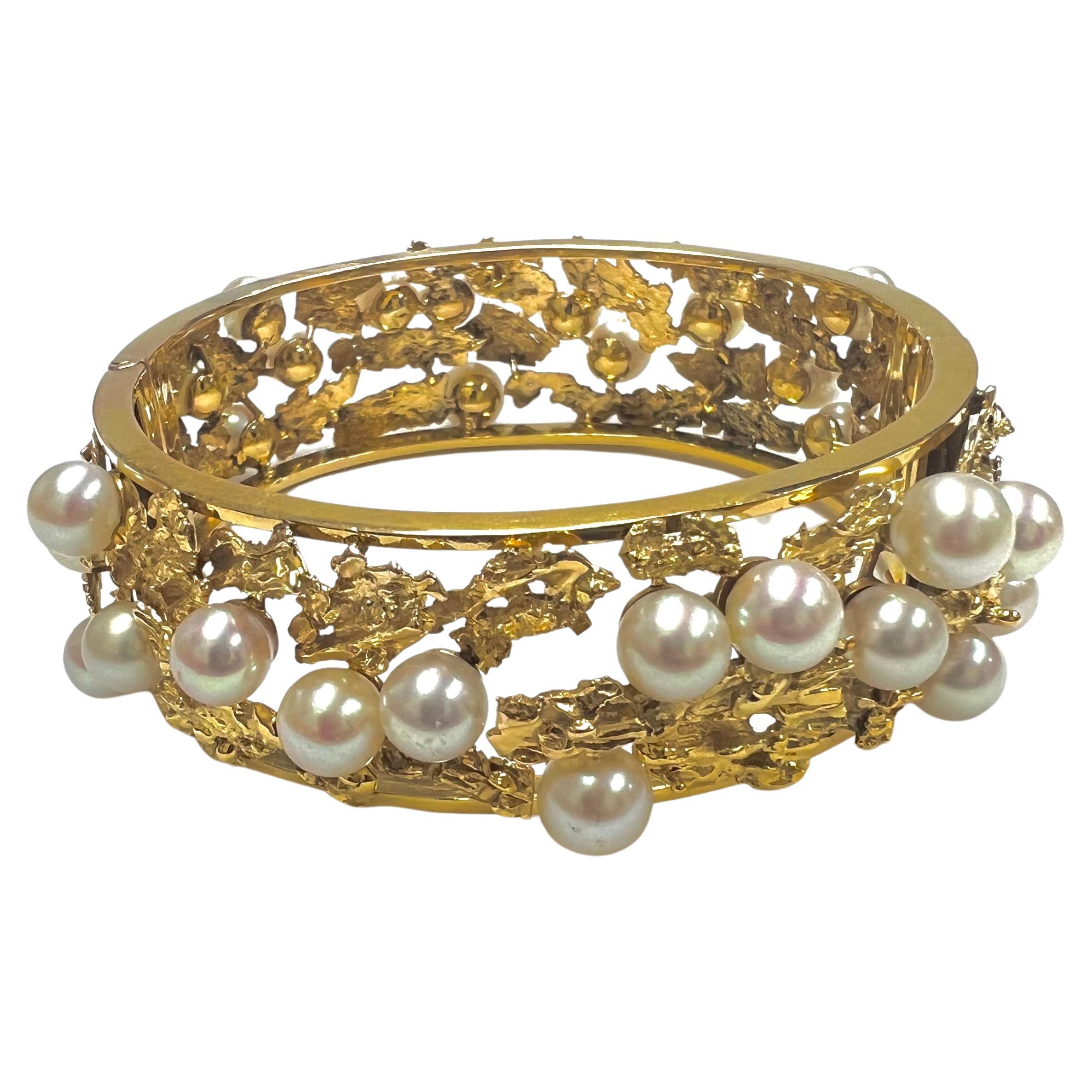 14k Yellow Gold Bangle with White Gold Pearls For Sale