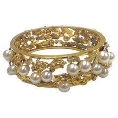 14k Yellow Gold Bangle with White Gold Pearls