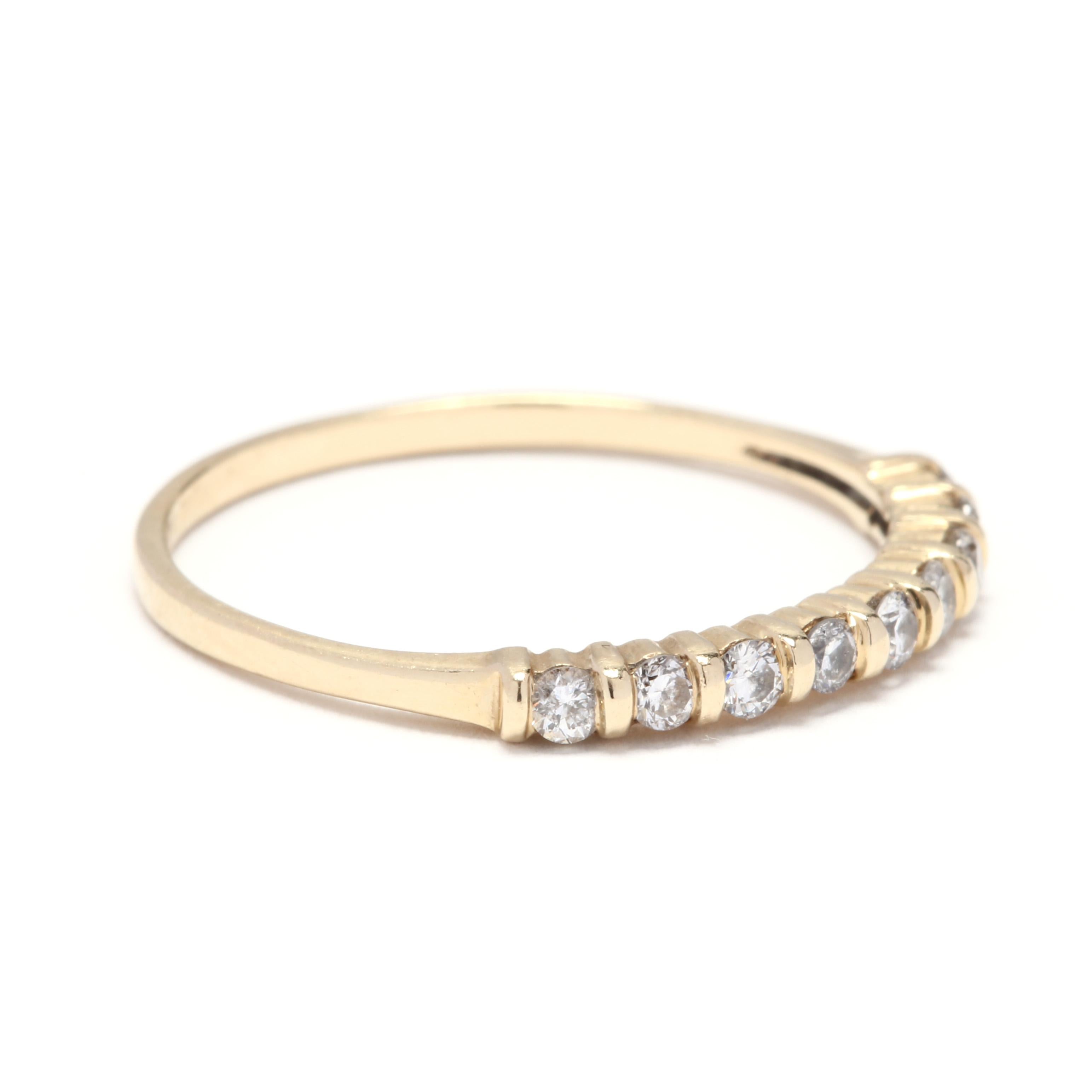 A 14 karat yellow gold and bar set diamond stackable wedding band ring. This ring features a thin design with bar set, full cut round diamonds weighing approximately .40 total carats.

Stones:
- diamonds, 13 stones
- full cut round
- 2 mm
-