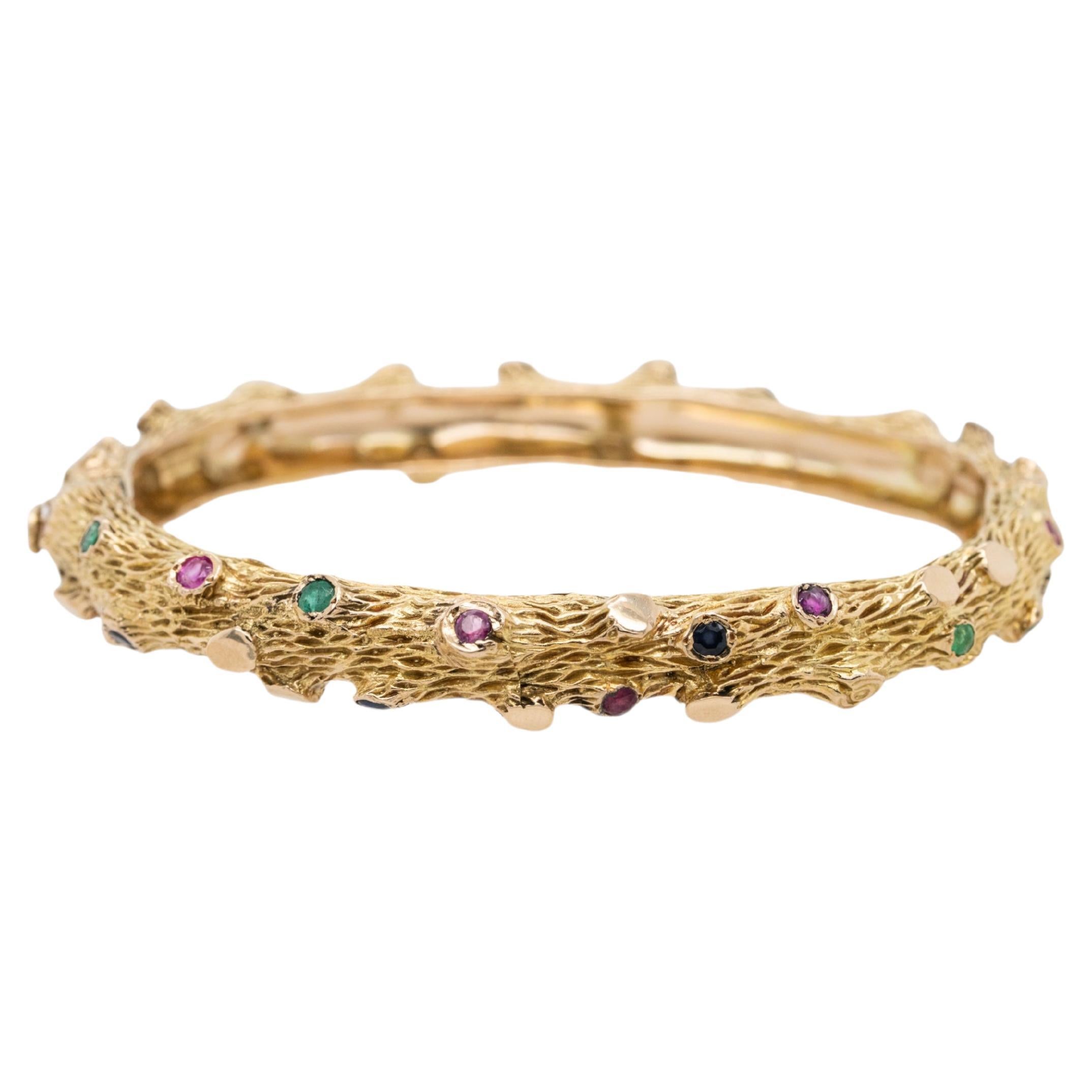 14k Yellow Gold Bark Finish Bangle Set With Emeralds and Sapphires