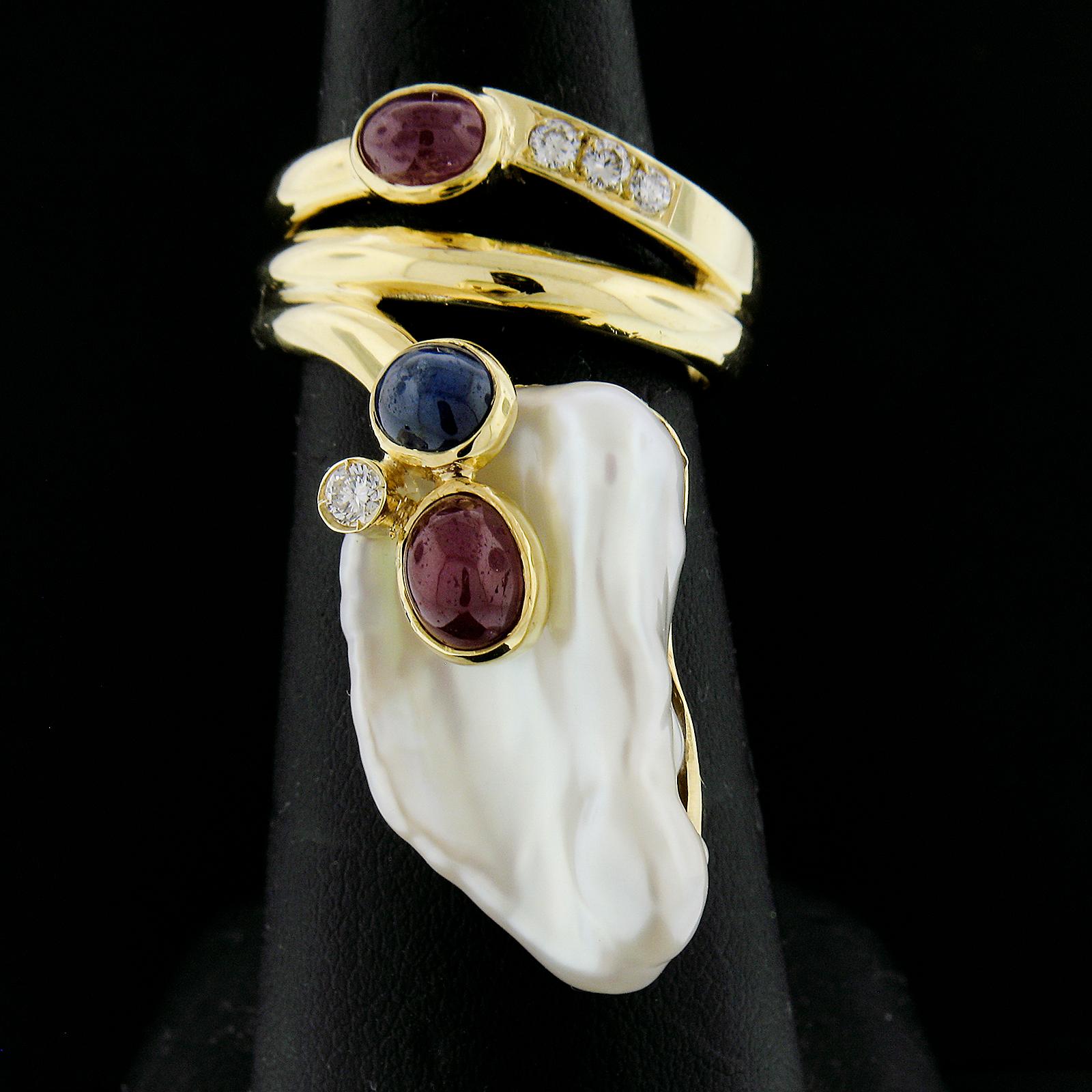 Oval Cut 14k Yellow Gold Baroque Pearl w/ Diamond, Cabochon Ruby & Sapphire Wrap Ring For Sale