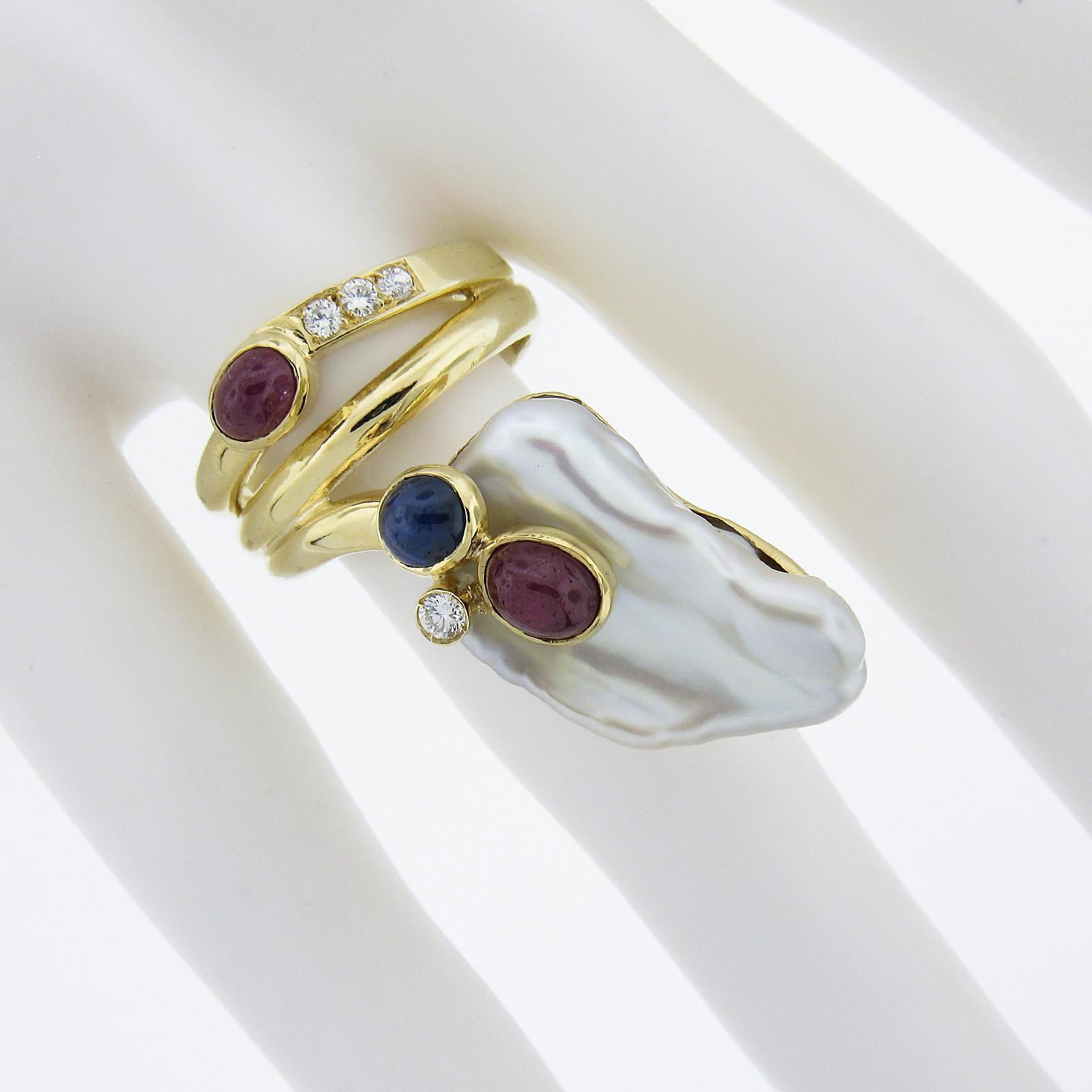 14k Yellow Gold Baroque Pearl w/ Diamond, Cabochon Ruby & Sapphire Wrap Ring In Excellent Condition For Sale In Montclair, NJ