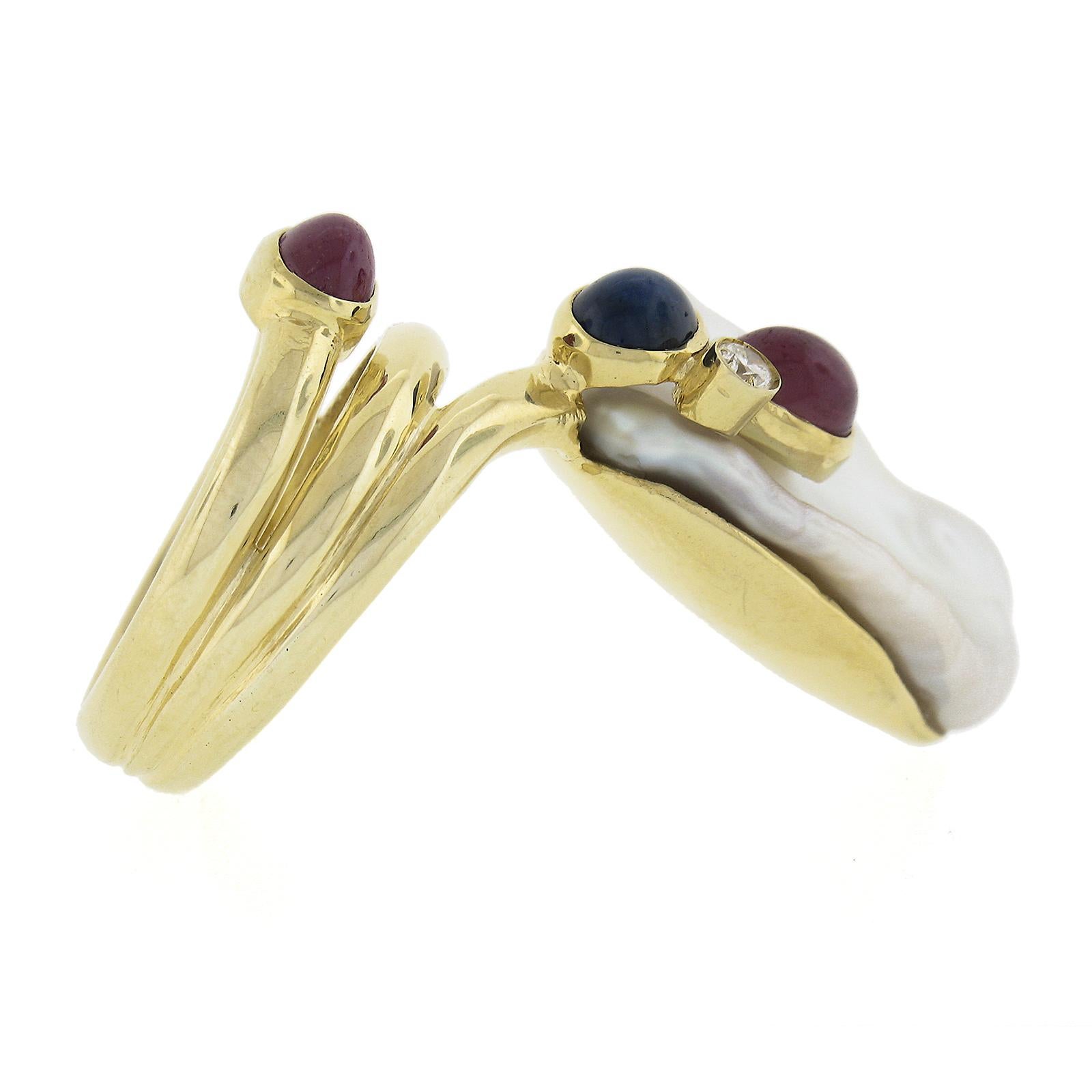 Women's 14k Yellow Gold Baroque Pearl w/ Diamond, Cabochon Ruby & Sapphire Wrap Ring For Sale
