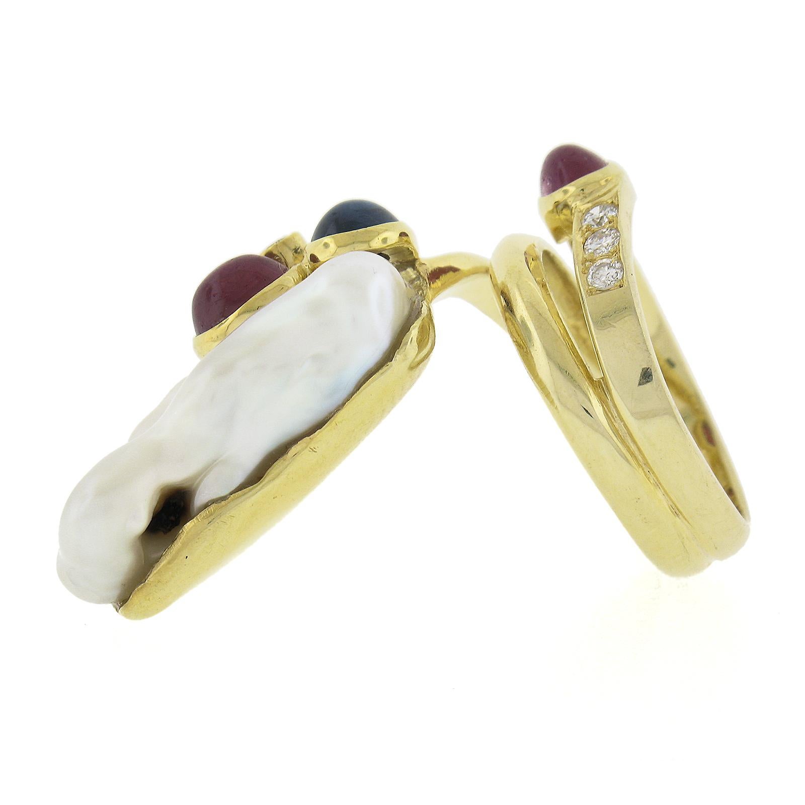14k Yellow Gold Baroque Pearl w/ Diamond, Cabochon Ruby & Sapphire Wrap Ring For Sale 1