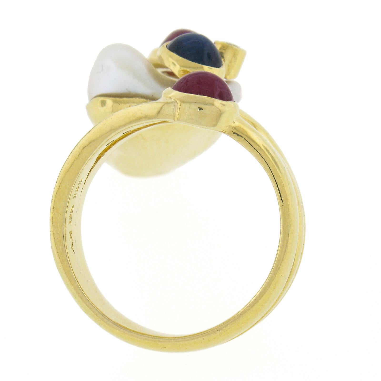 14k Yellow Gold Baroque Pearl w/ Diamond, Cabochon Ruby & Sapphire Wrap Ring For Sale 2