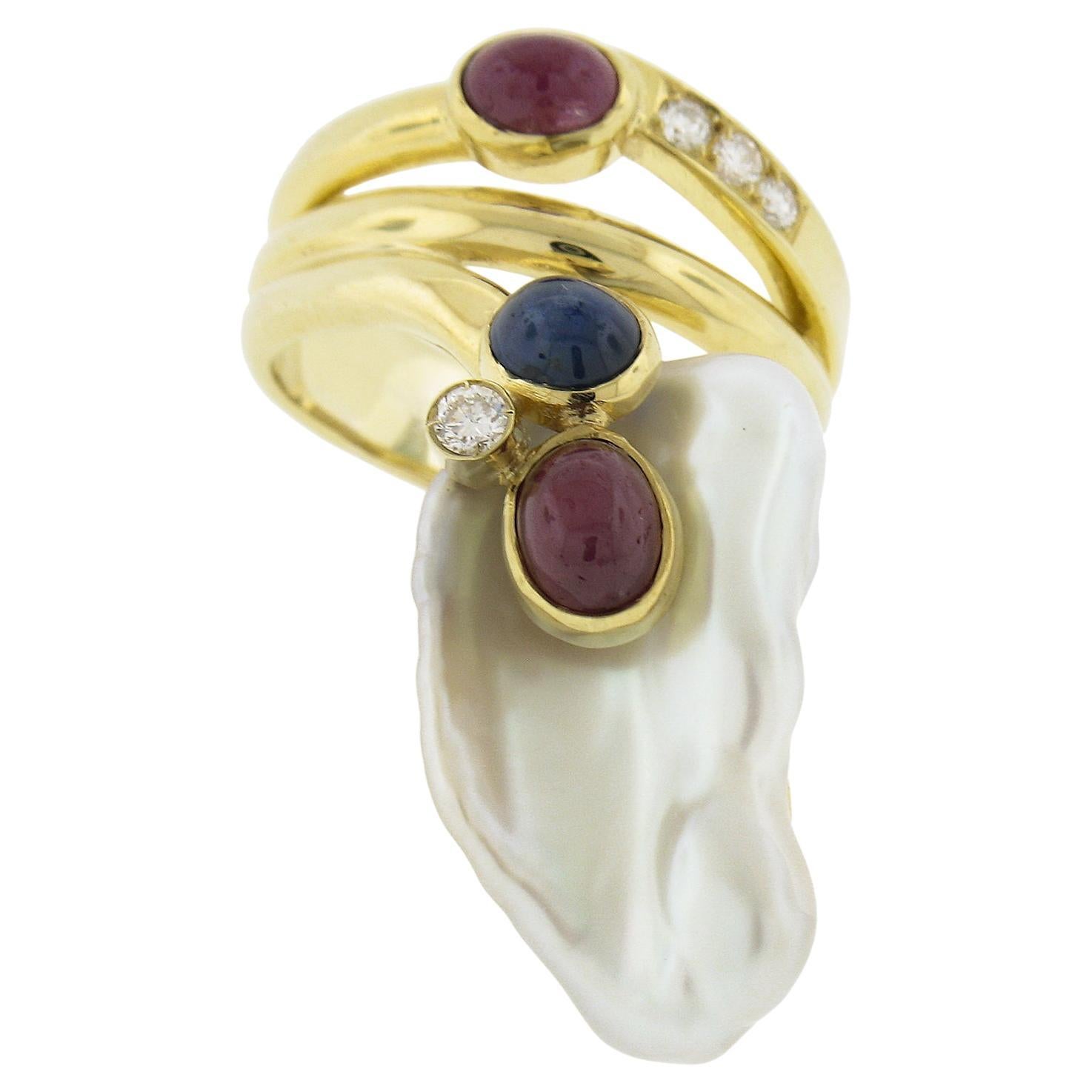 14k Yellow Gold Baroque Pearl w/ Diamond, Cabochon Ruby & Sapphire Wrap Ring For Sale