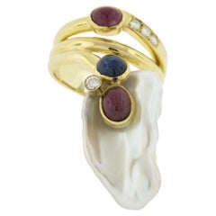 14k Yellow Gold Baroque Pearl w/ Diamond, Cabochon Ruby & Sapphire Wrap Ring